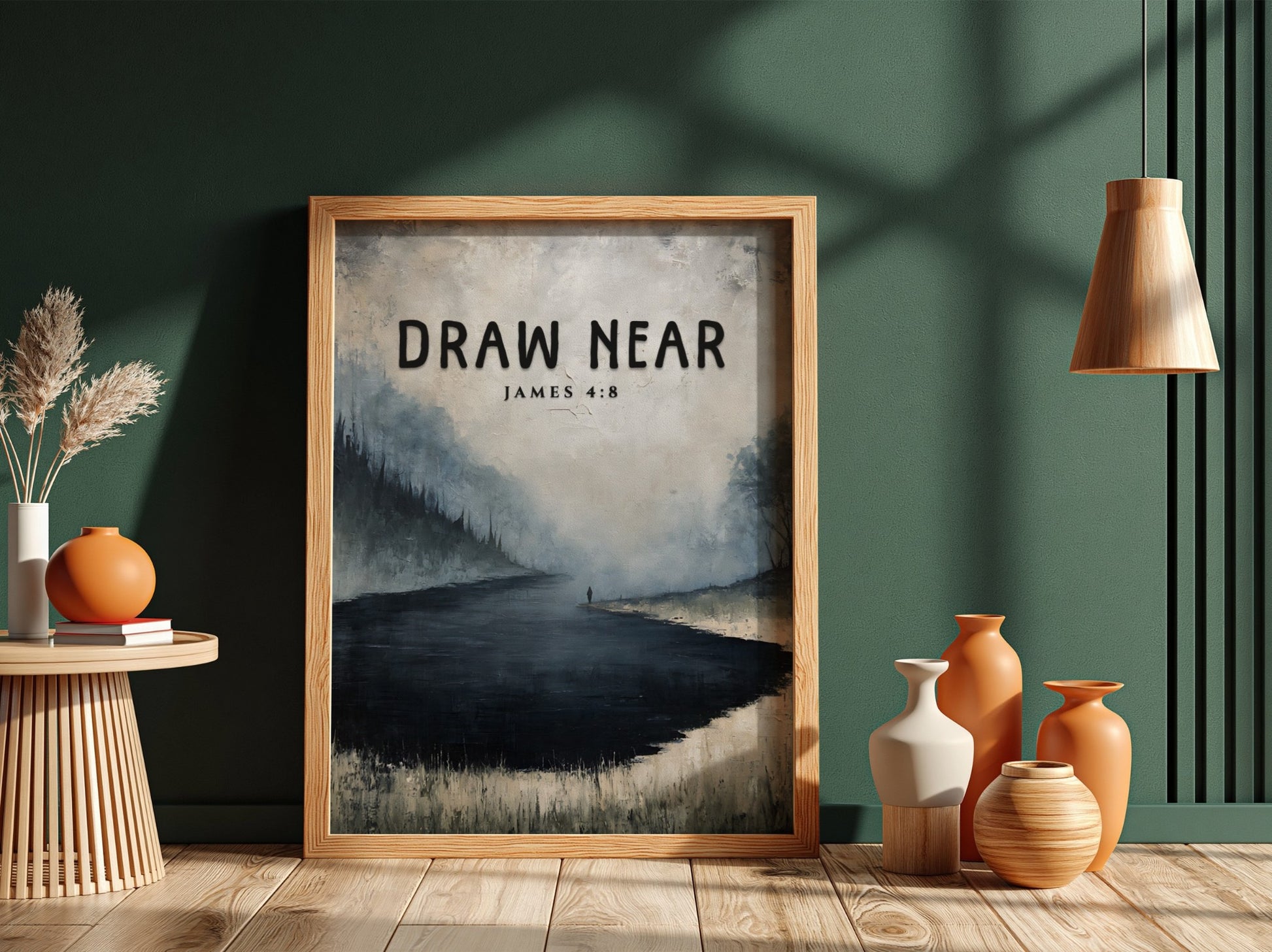 Inspirational poster featuring serene landscape and quote from James 4:8 in calming colors