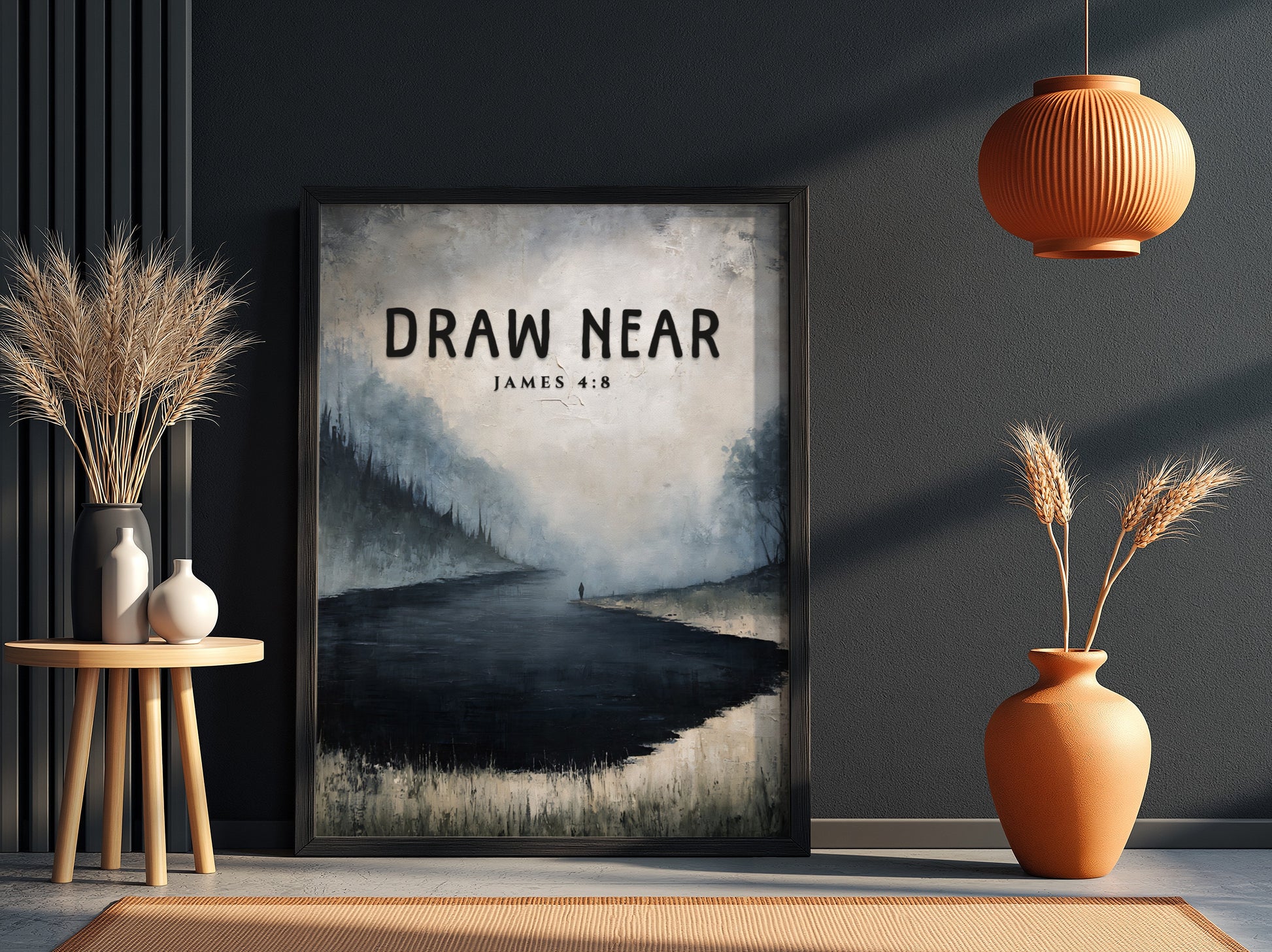 Inspirational poster featuring serene landscape and quote from James 4:8 in calming colors
