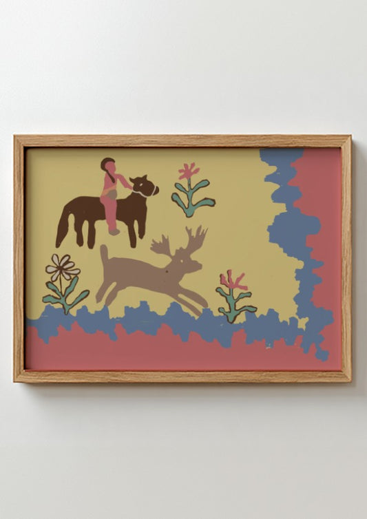 Folk art print of a child on a horse with a deer, rendered in a naive style with muted colors.