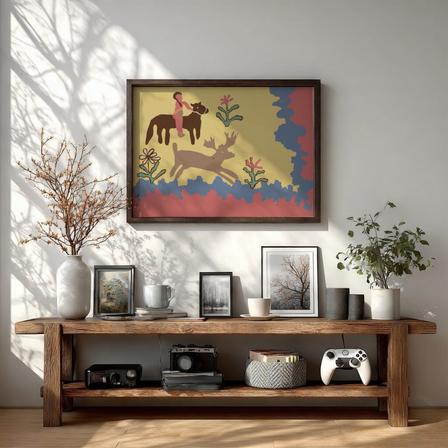 Folk art print of a child on a horse with a deer, rendered in a naive style with muted colors.