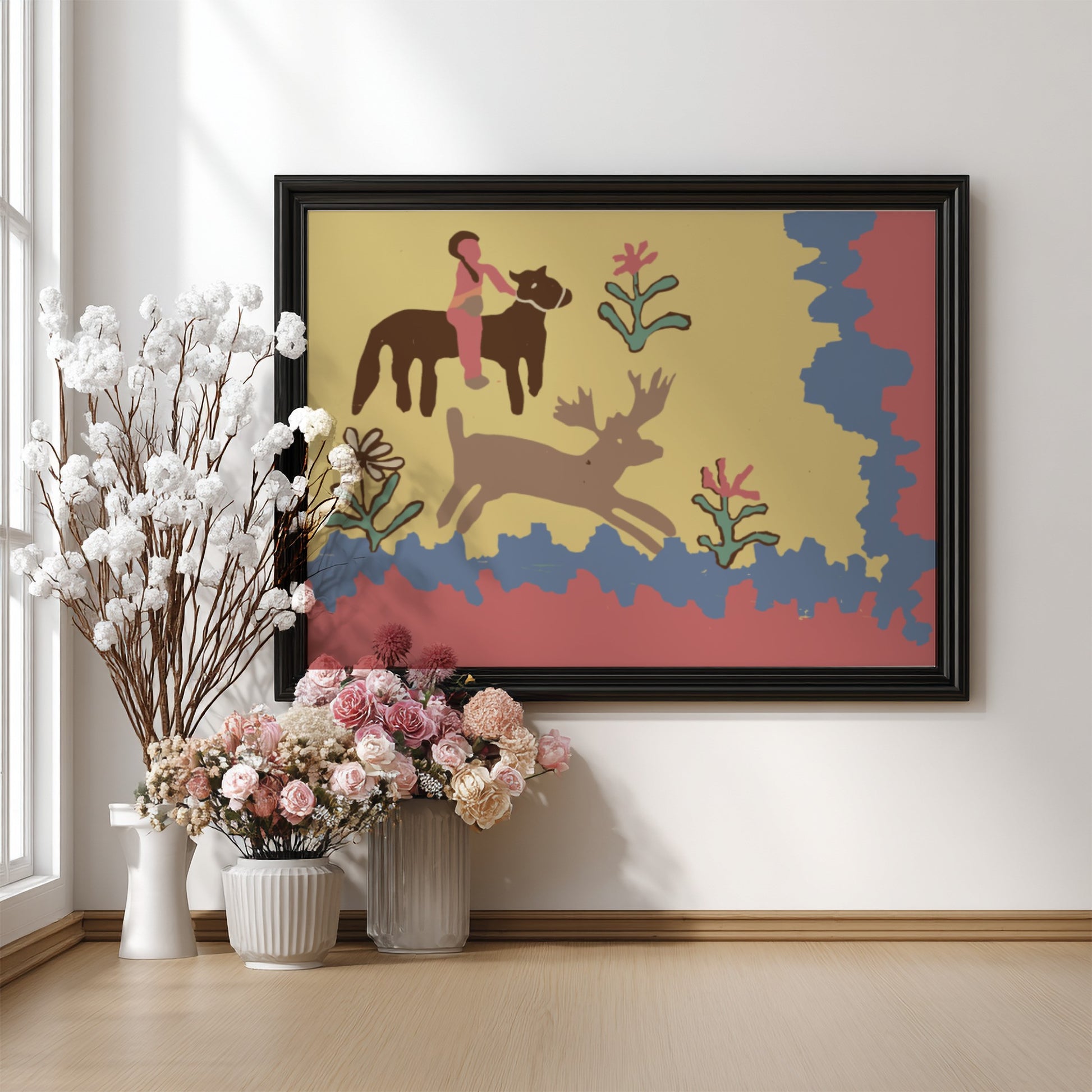 Folk art print of a child on a horse with a deer, rendered in a naive style with muted colors.