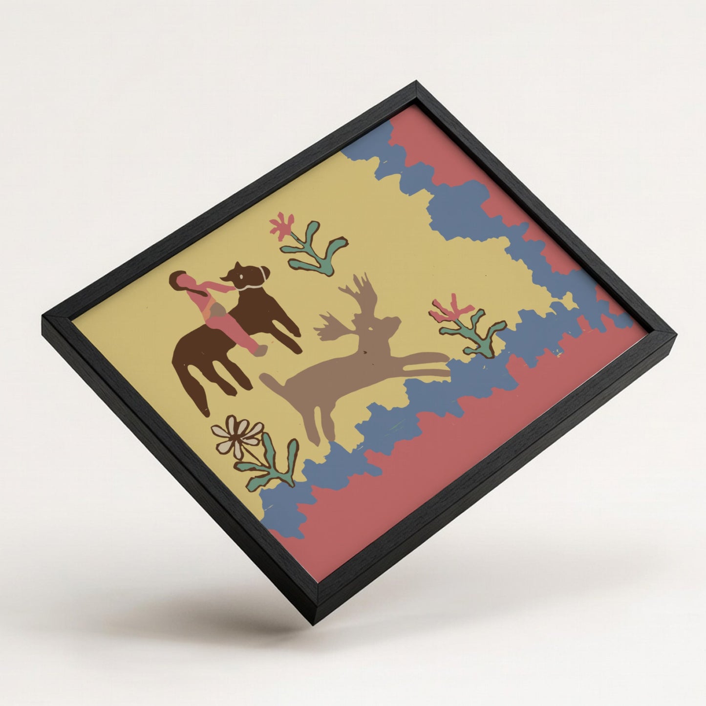Folk art print of a child on a horse with a deer, rendered in a naive style with muted colors.