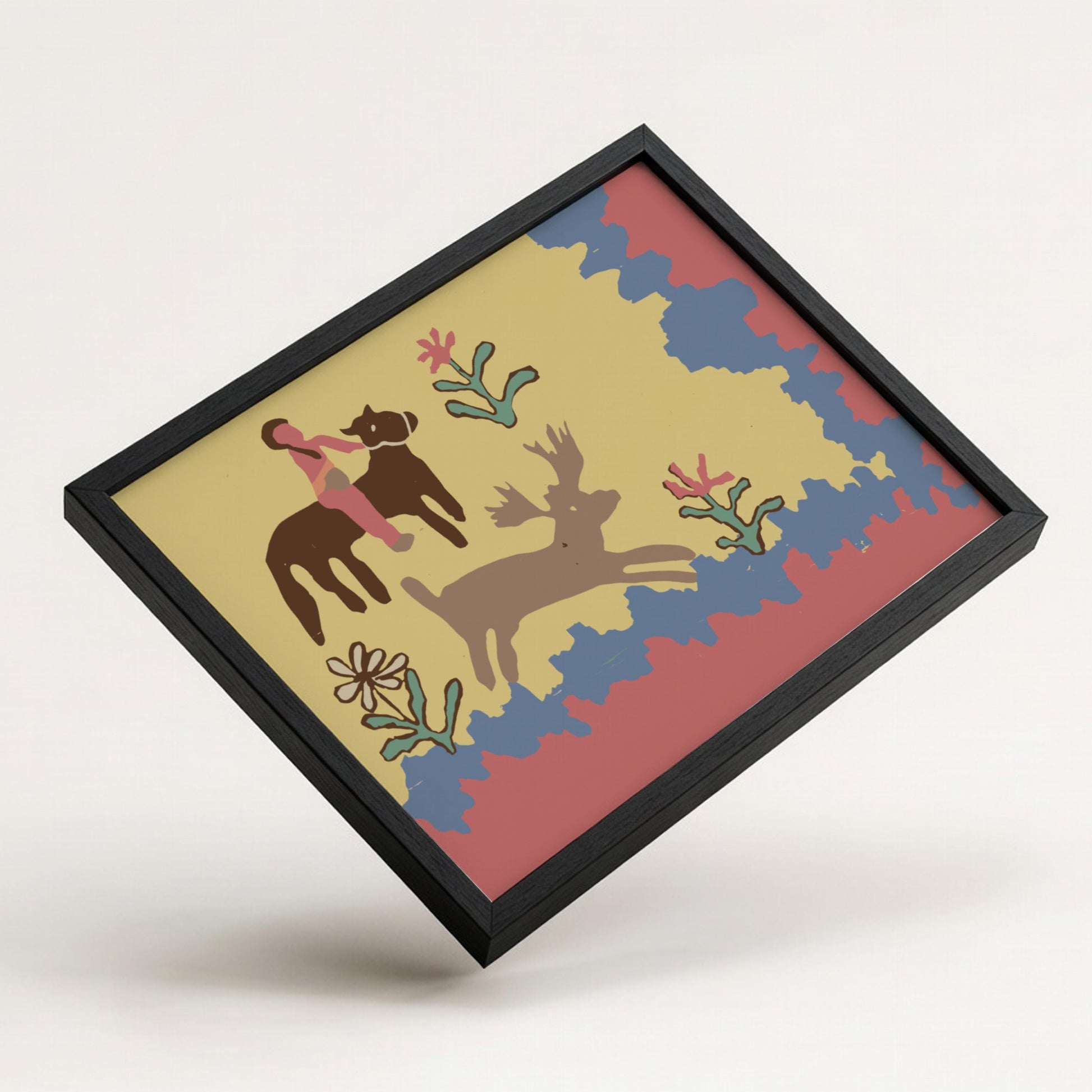 Folk art print of a child on a horse with a deer, rendered in a naive style with muted colors.