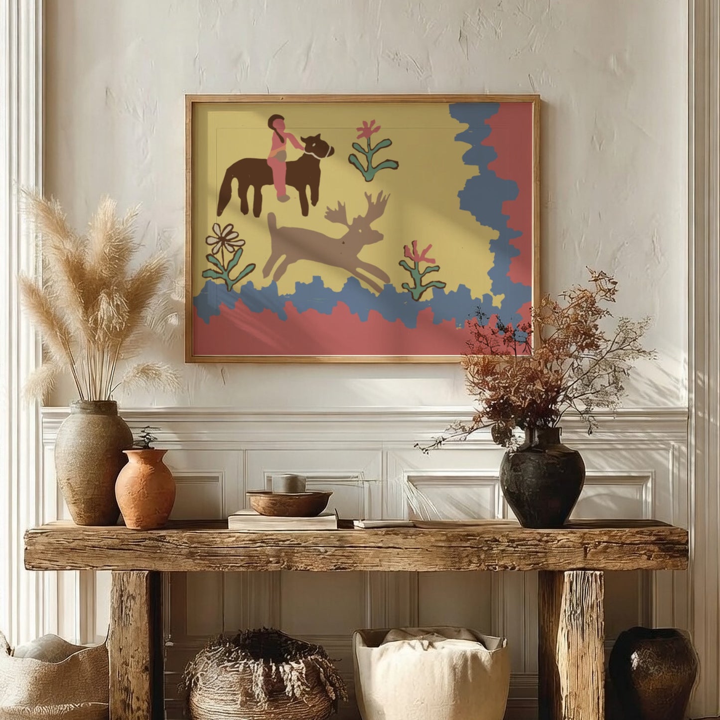 Folk art print of a child on a horse with a deer, rendered in a naive style with muted colors.