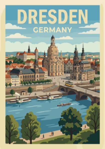 Poster of Dresden Germany featuring the historic skyline, cathedral, and riverboats in vintage style.