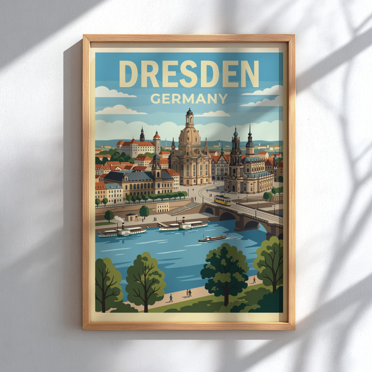 Poster of Dresden Germany featuring the historic skyline, cathedral, and riverboats in vintage style.