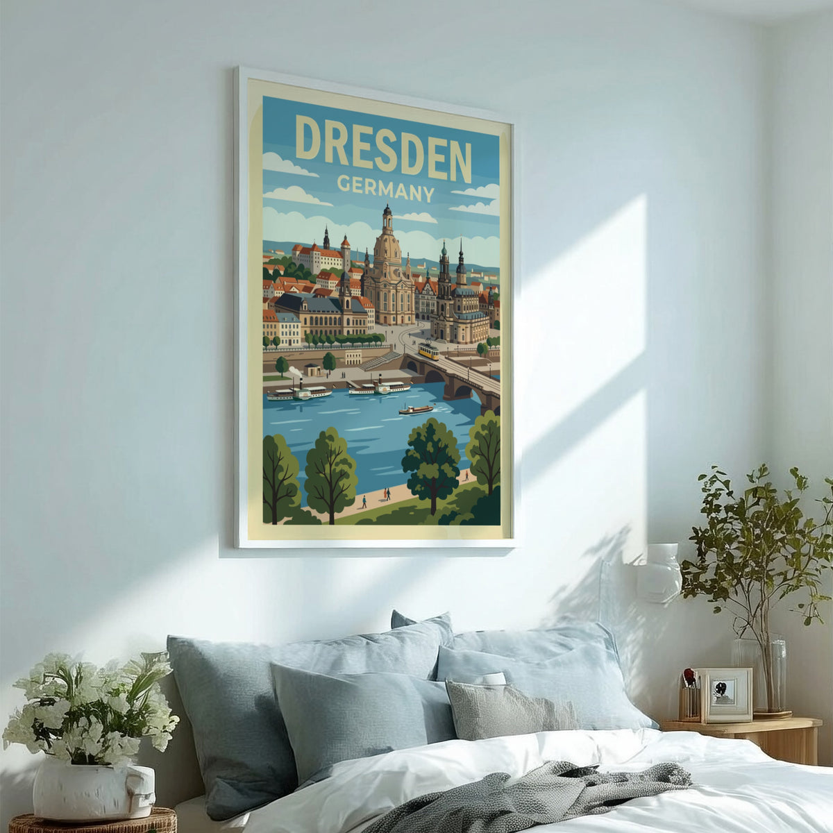 Poster of Dresden Germany featuring the historic skyline, cathedral, and riverboats in vintage style.
