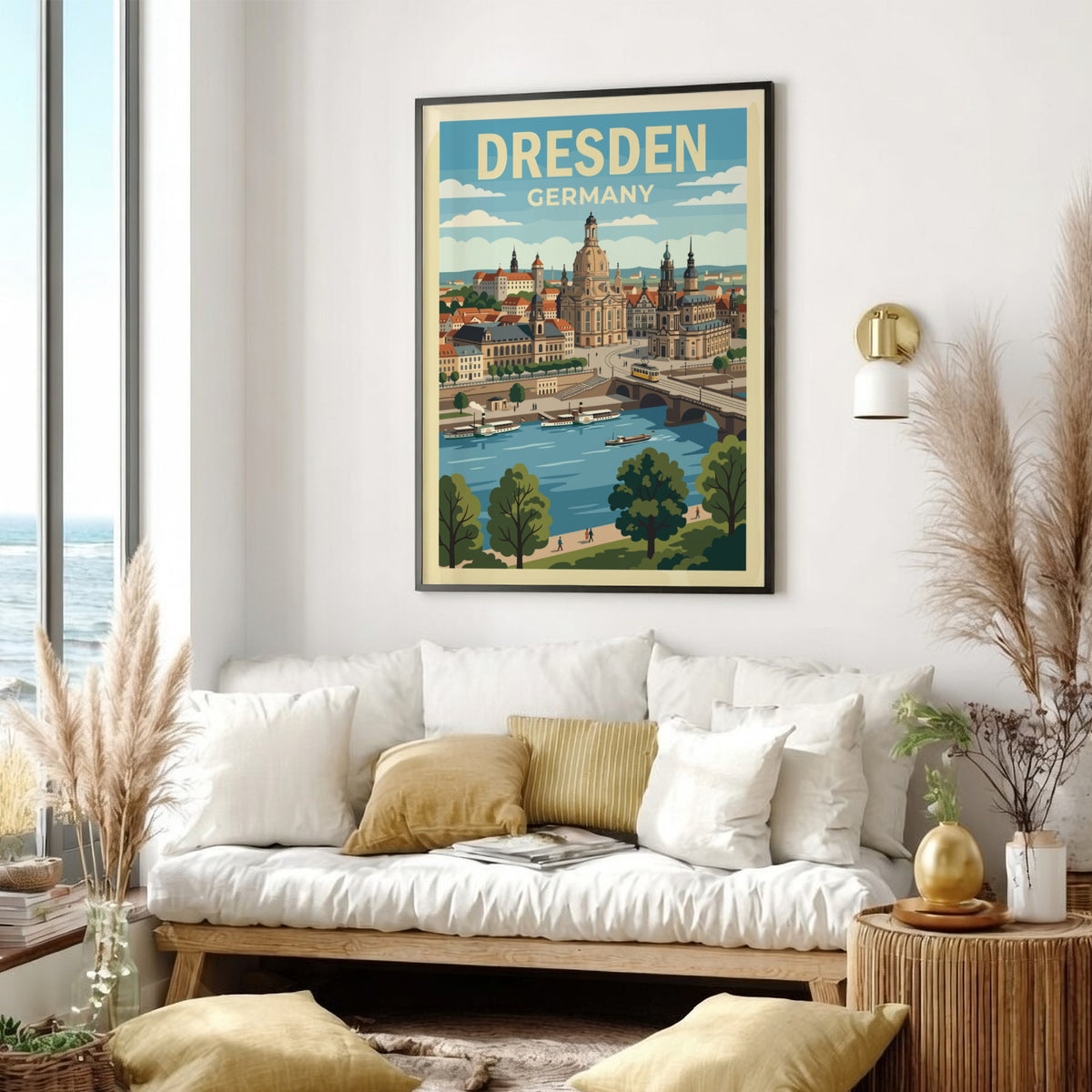 Poster of Dresden Germany featuring the historic skyline, cathedral, and riverboats in vintage style.