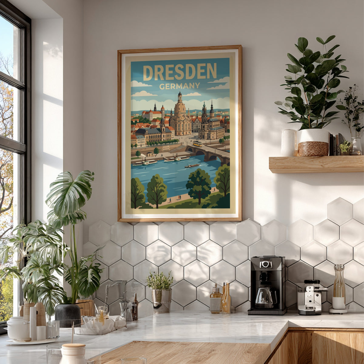 Poster of Dresden Germany featuring the historic skyline, cathedral, and riverboats in vintage style.