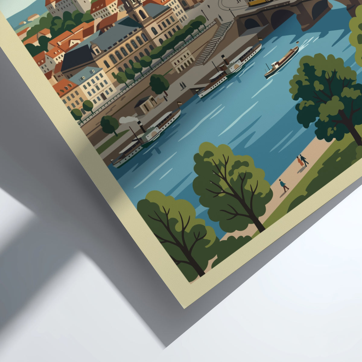 Poster of Dresden Germany featuring the historic skyline, cathedral, and riverboats in vintage style.