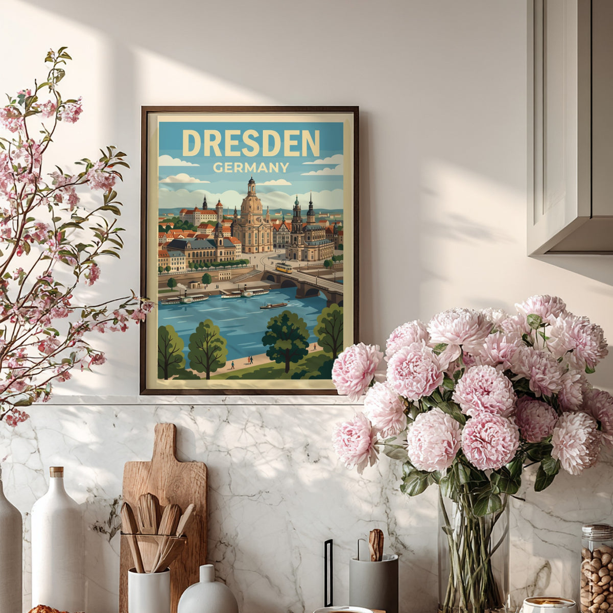 Poster of Dresden Germany featuring the historic skyline, cathedral, and riverboats in vintage style.
