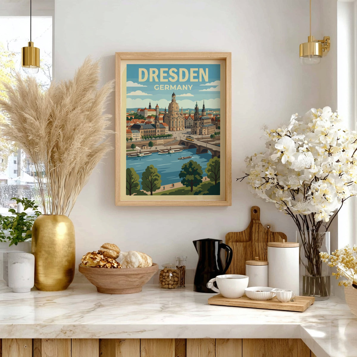 Poster of Dresden Germany featuring the historic skyline, cathedral, and riverboats in vintage style.