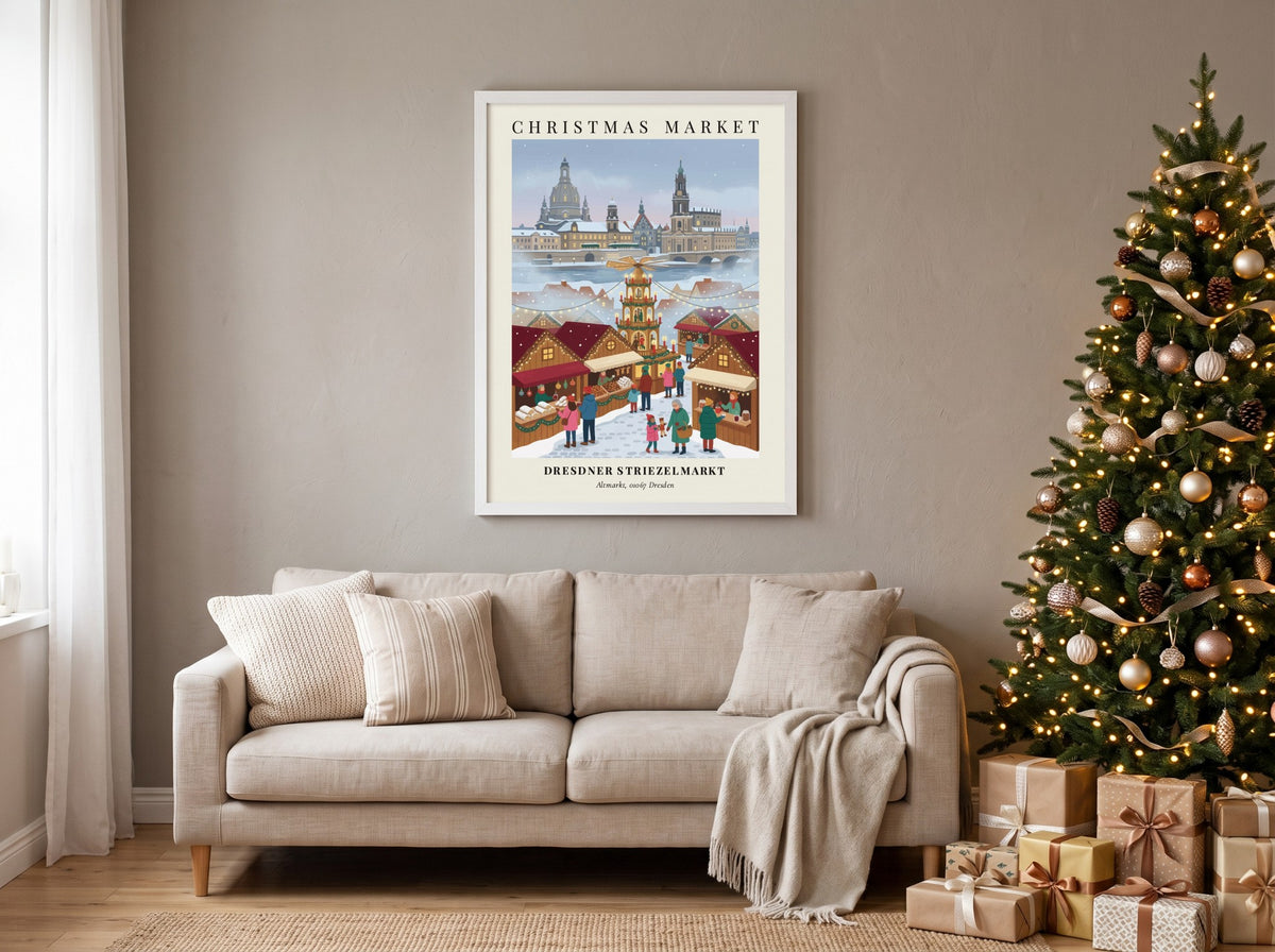 Christmas market poster featuring the Dresdner Striezelmarkt with a central pyramid and snowy skyline.