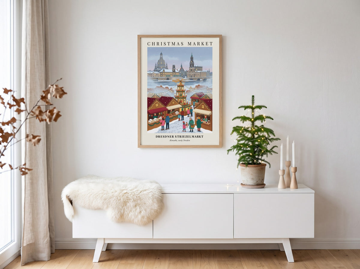 Christmas market poster featuring the Dresdner Striezelmarkt with a central pyramid and snowy skyline.