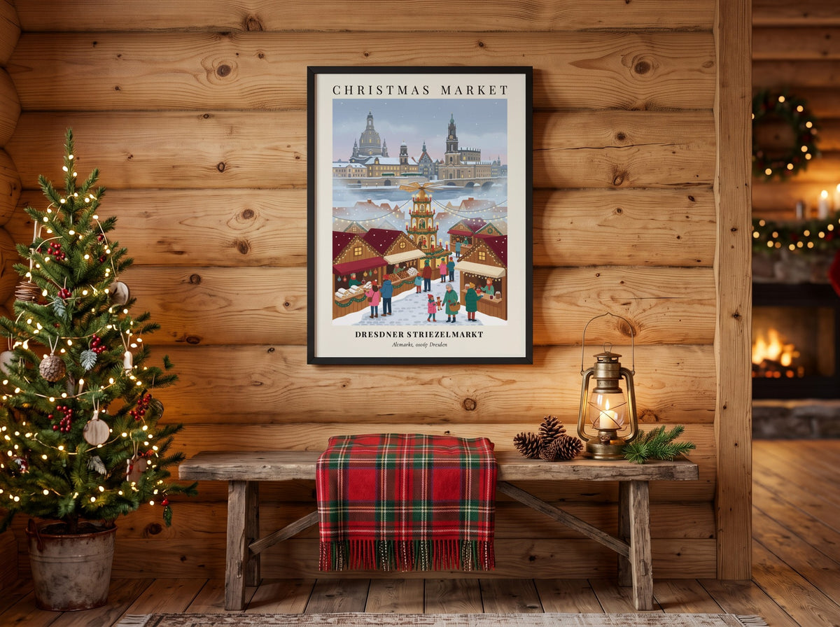 Christmas market poster featuring the Dresdner Striezelmarkt with a central pyramid and snowy skyline.