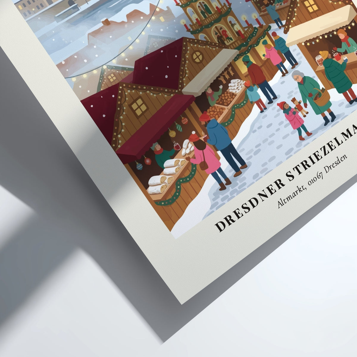 Christmas market poster featuring the Dresdner Striezelmarkt with a central pyramid and snowy skyline.