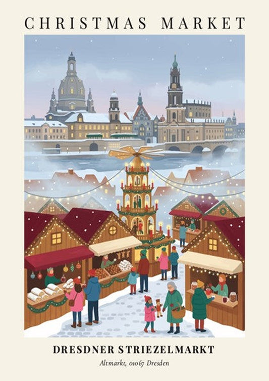 Christmas market poster featuring the Dresdner Striezelmarkt with a central pyramid and snowy skyline.
