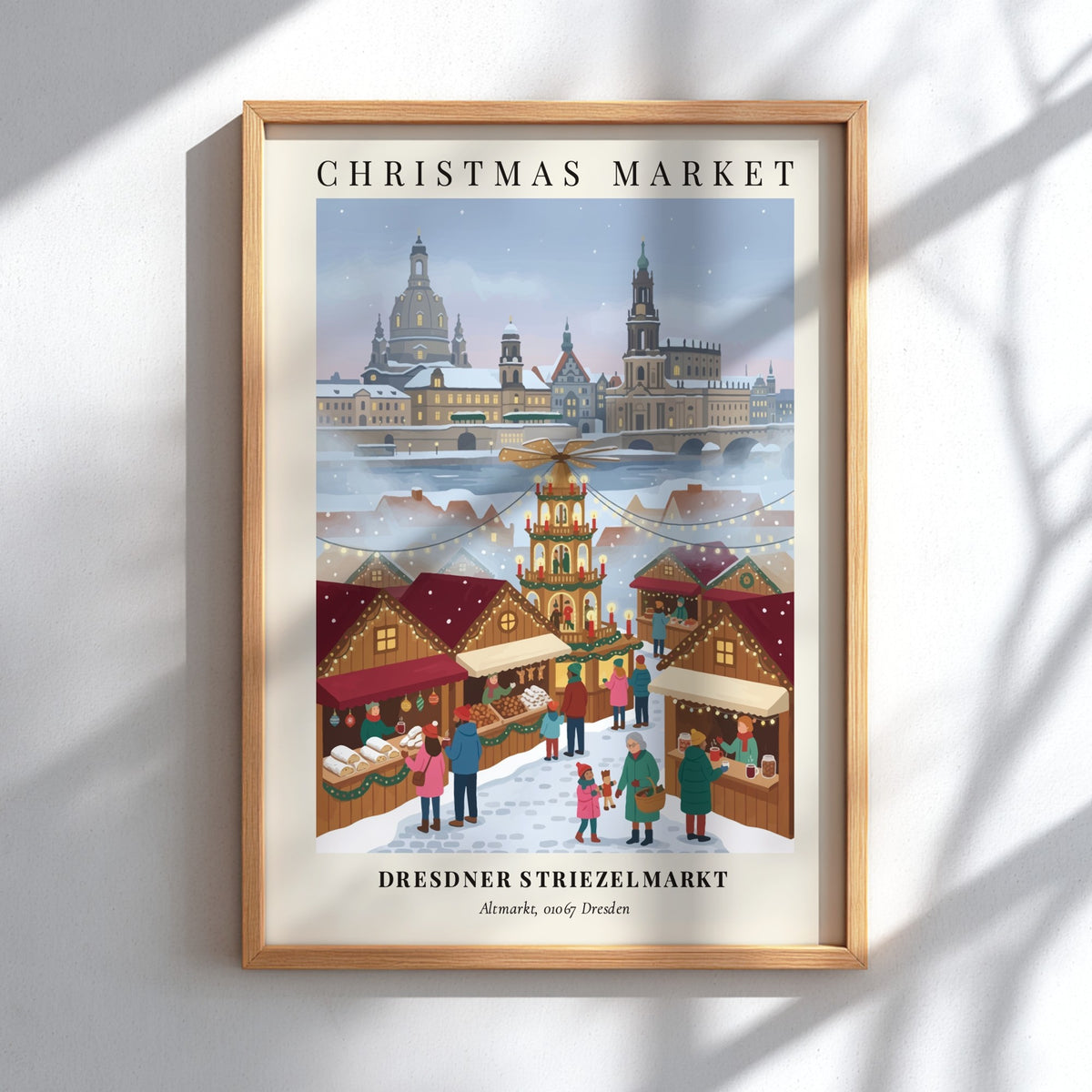 Christmas market poster featuring the Dresdner Striezelmarkt with a central pyramid and snowy skyline.