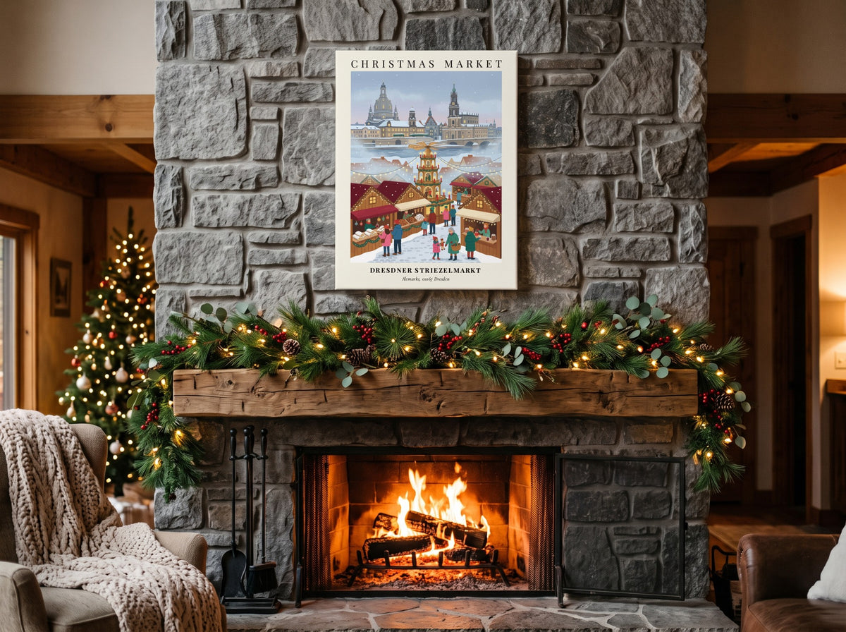Christmas market poster featuring the Dresdner Striezelmarkt with a central pyramid and snowy skyline.