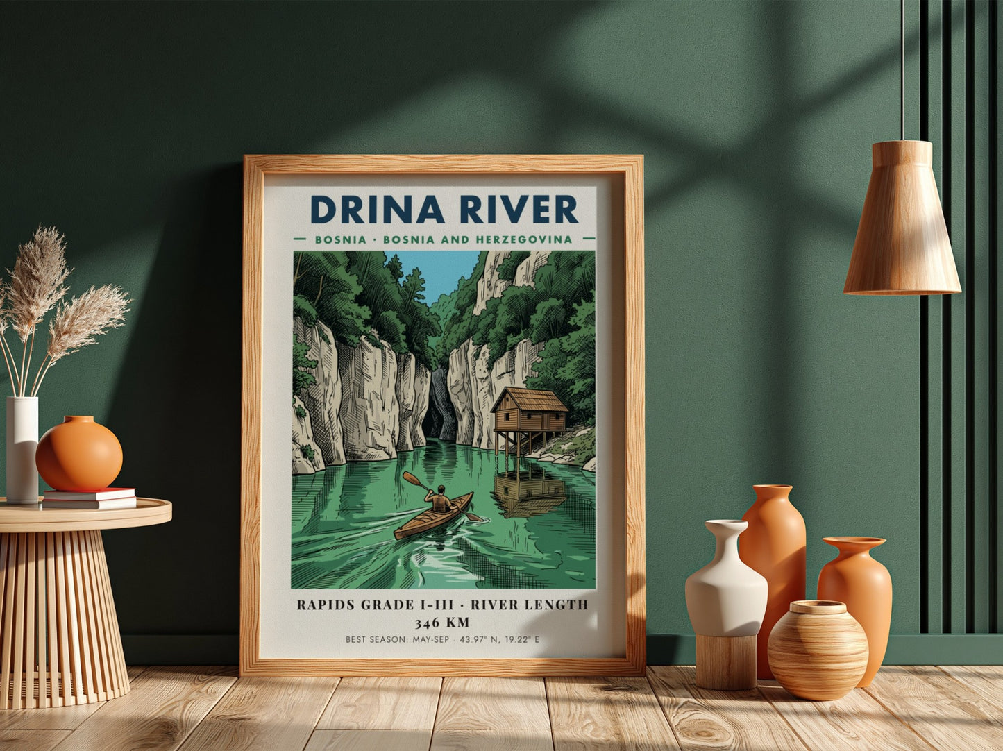 Poster of a lone kayaker paddling on the green Drina River in Bosnia.