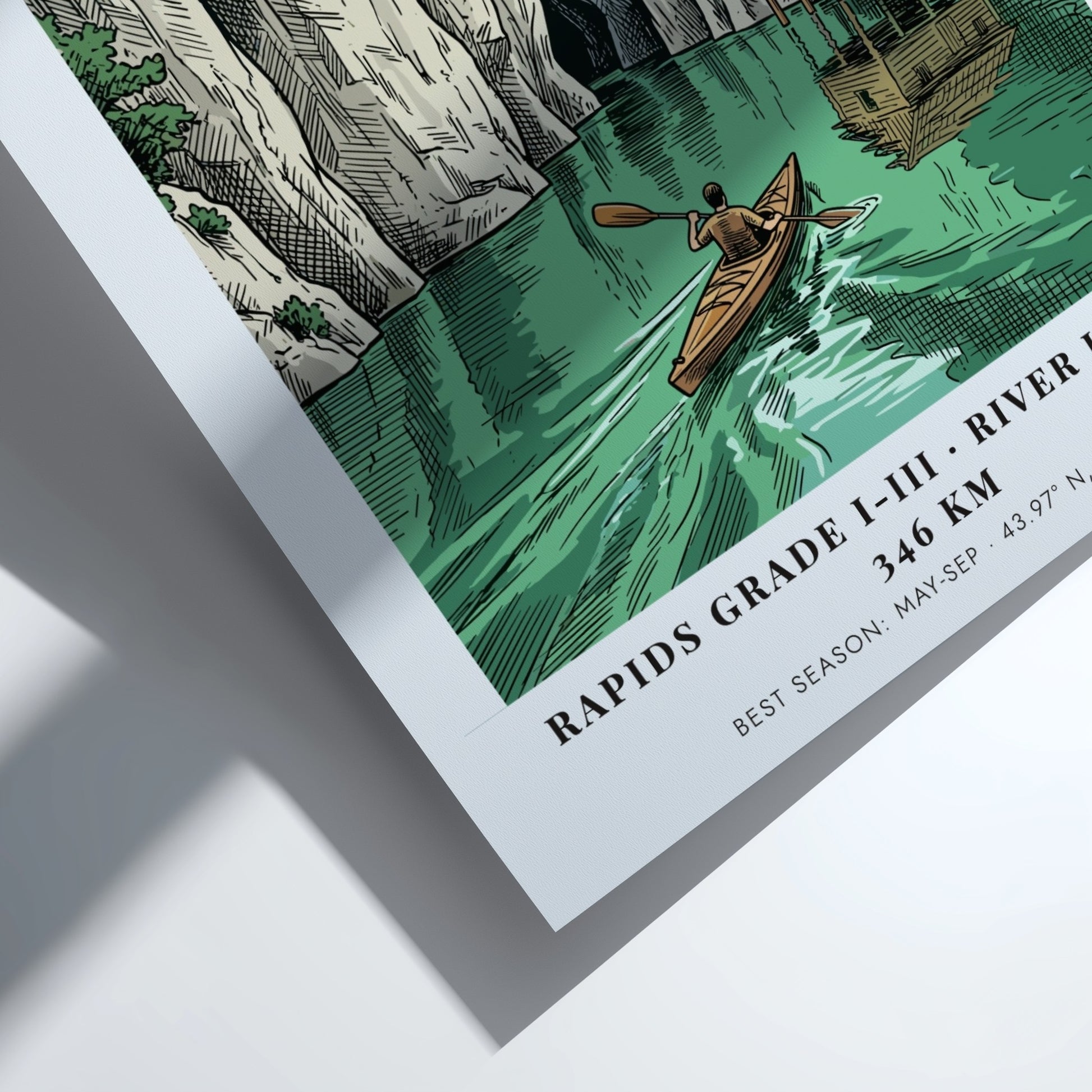 Poster of a lone kayaker paddling on the green Drina River in Bosnia.