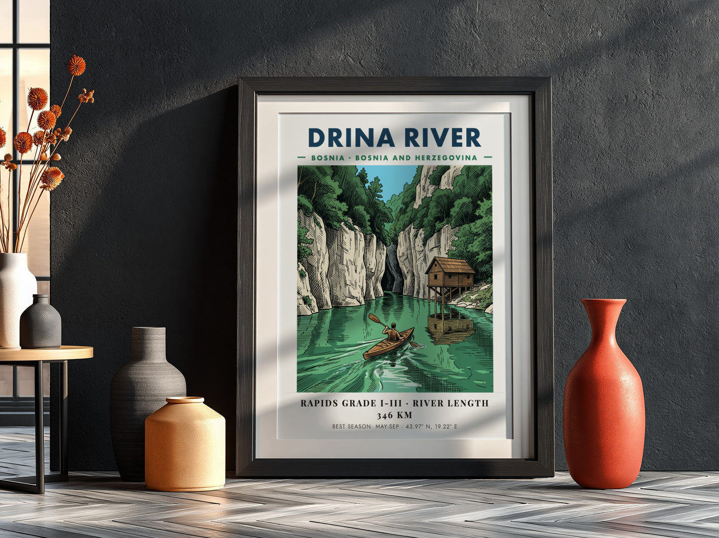 Poster of a lone kayaker paddling on the green Drina River in Bosnia.