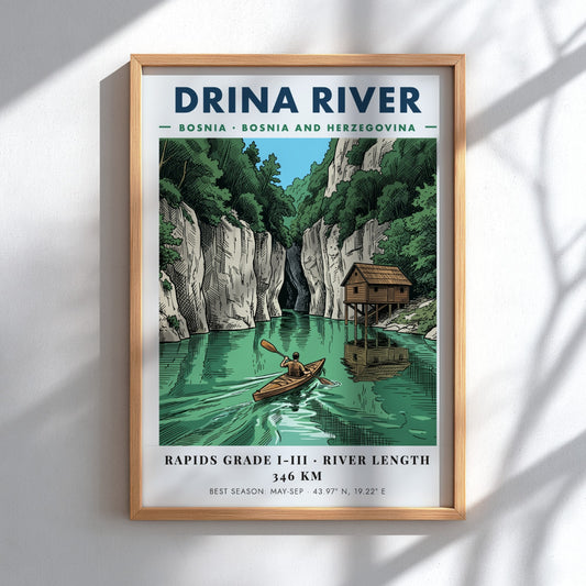 Poster of a lone kayaker paddling on the green Drina River in Bosnia.
