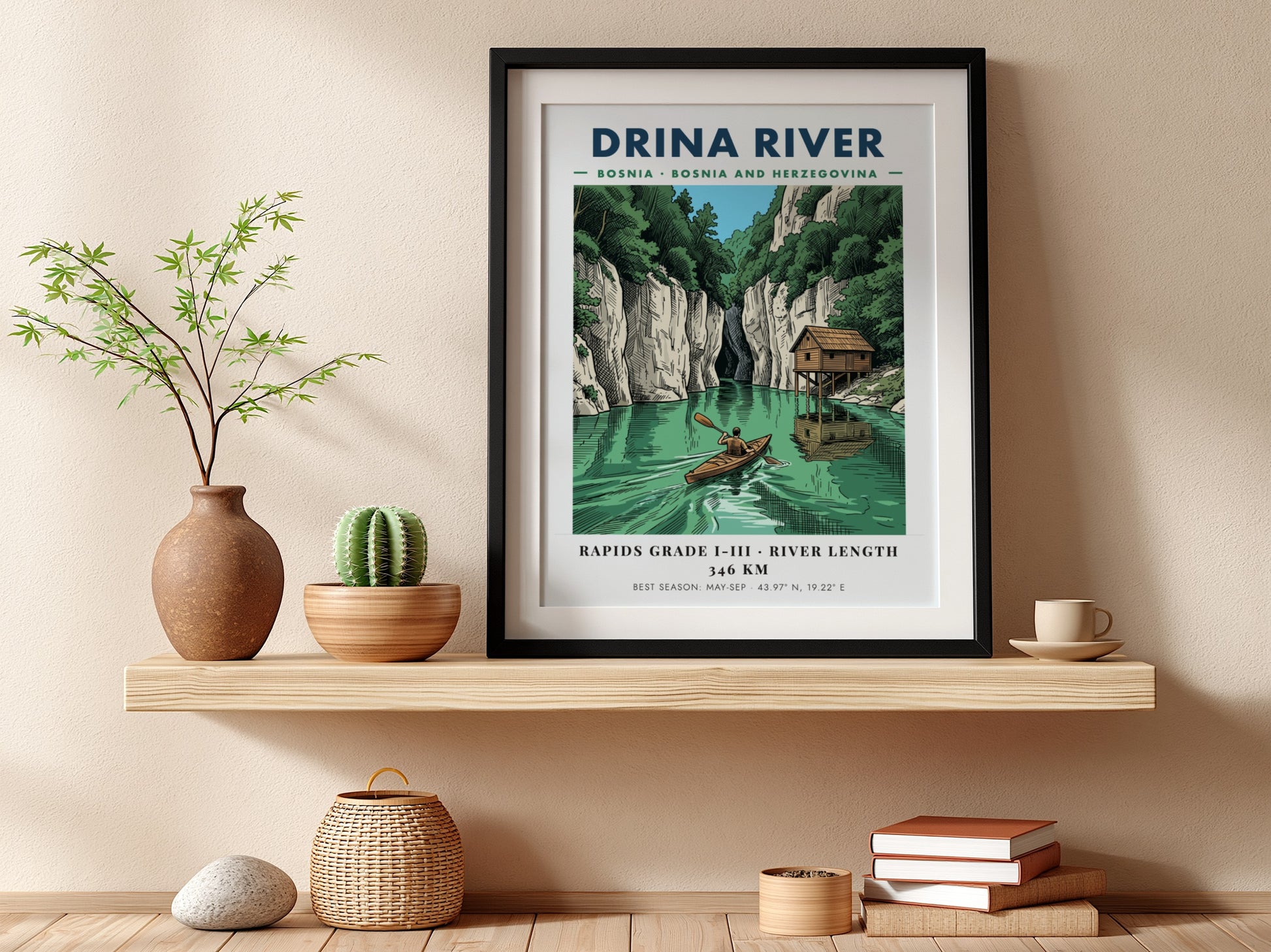 Poster of a lone kayaker paddling on the green Drina River in Bosnia.