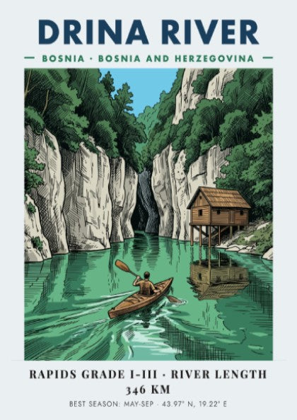 Poster of a lone kayaker paddling on the green Drina River in Bosnia.