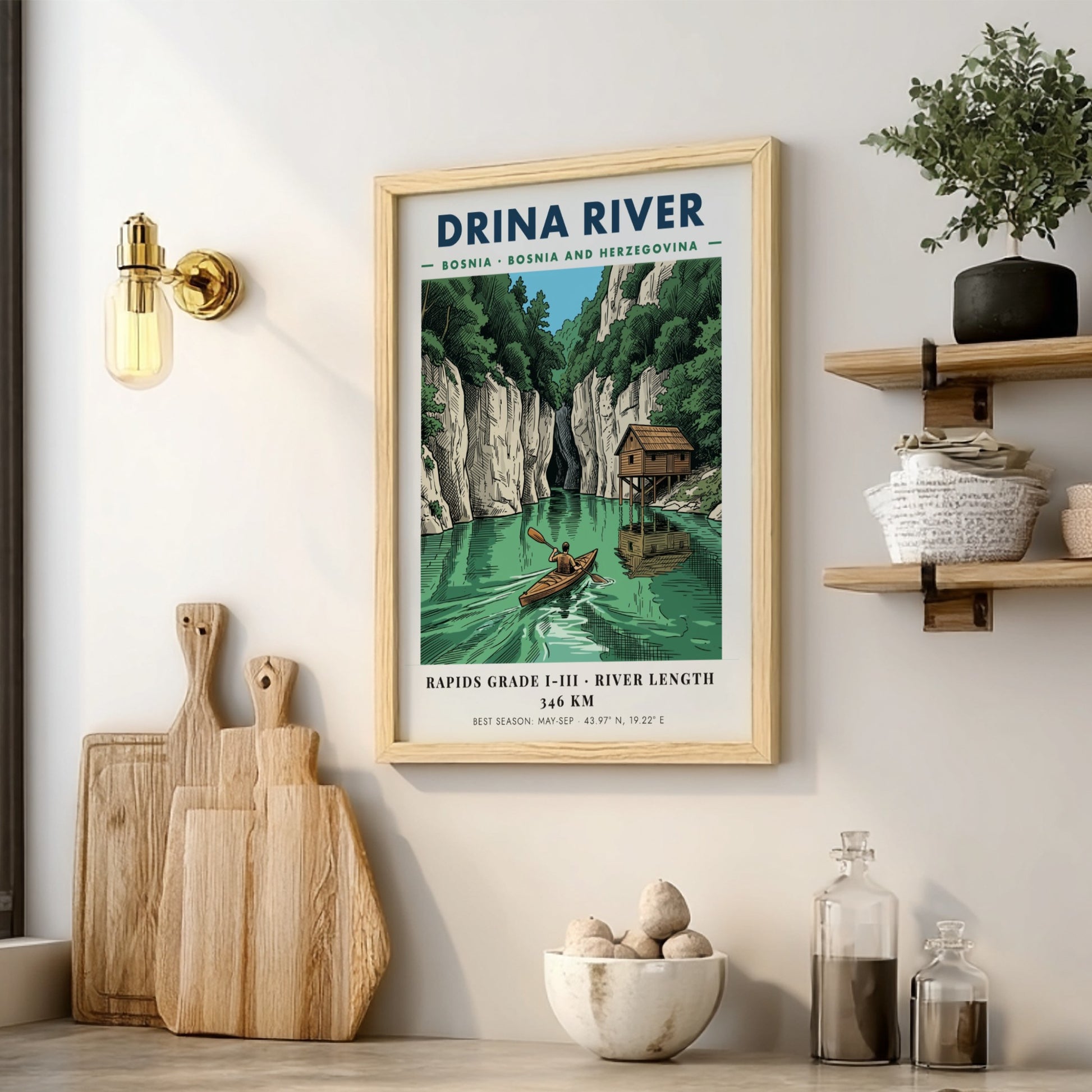 Poster of a lone kayaker paddling on the green Drina River in Bosnia.