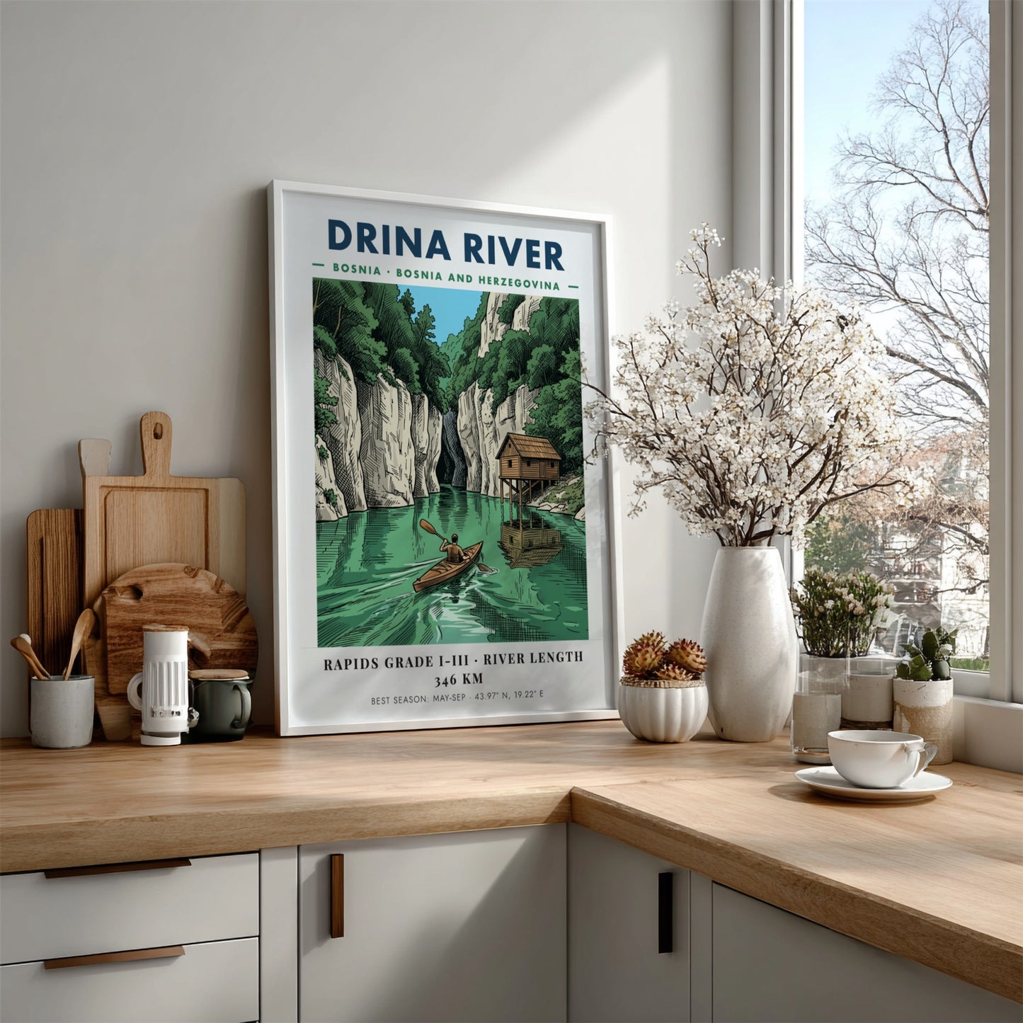 Poster of a lone kayaker paddling on the green Drina River in Bosnia.