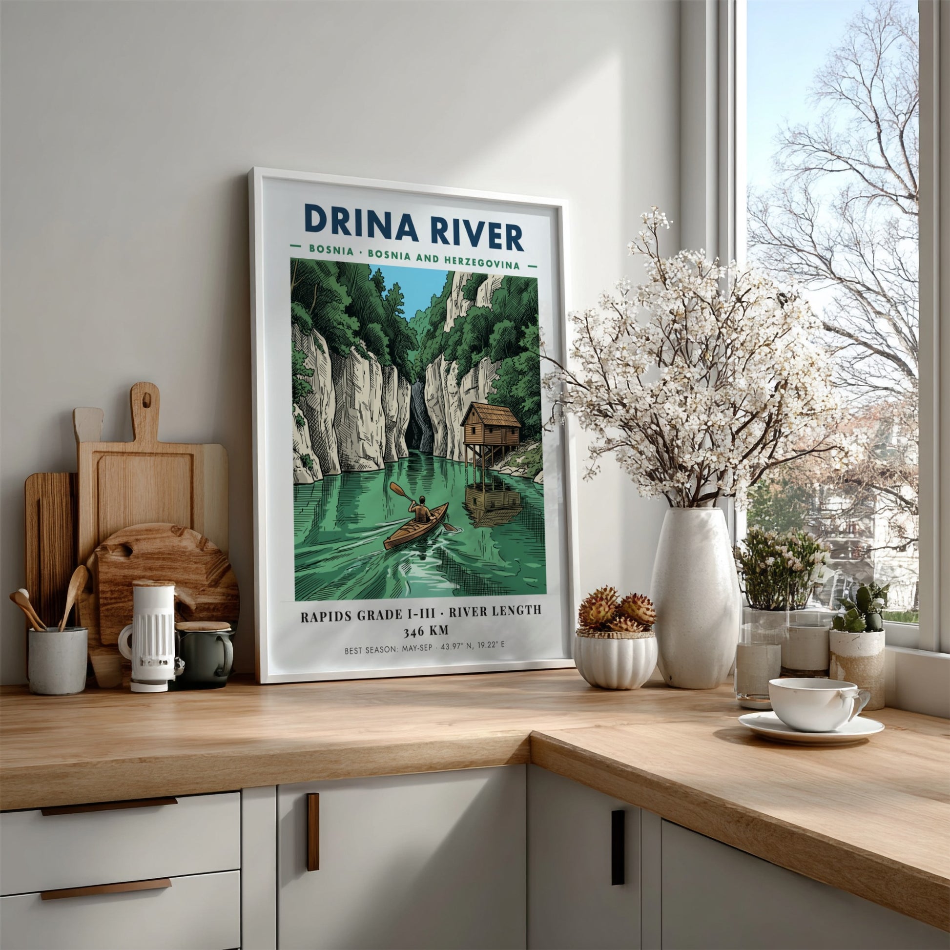 Poster of a lone kayaker paddling on the green Drina River in Bosnia.