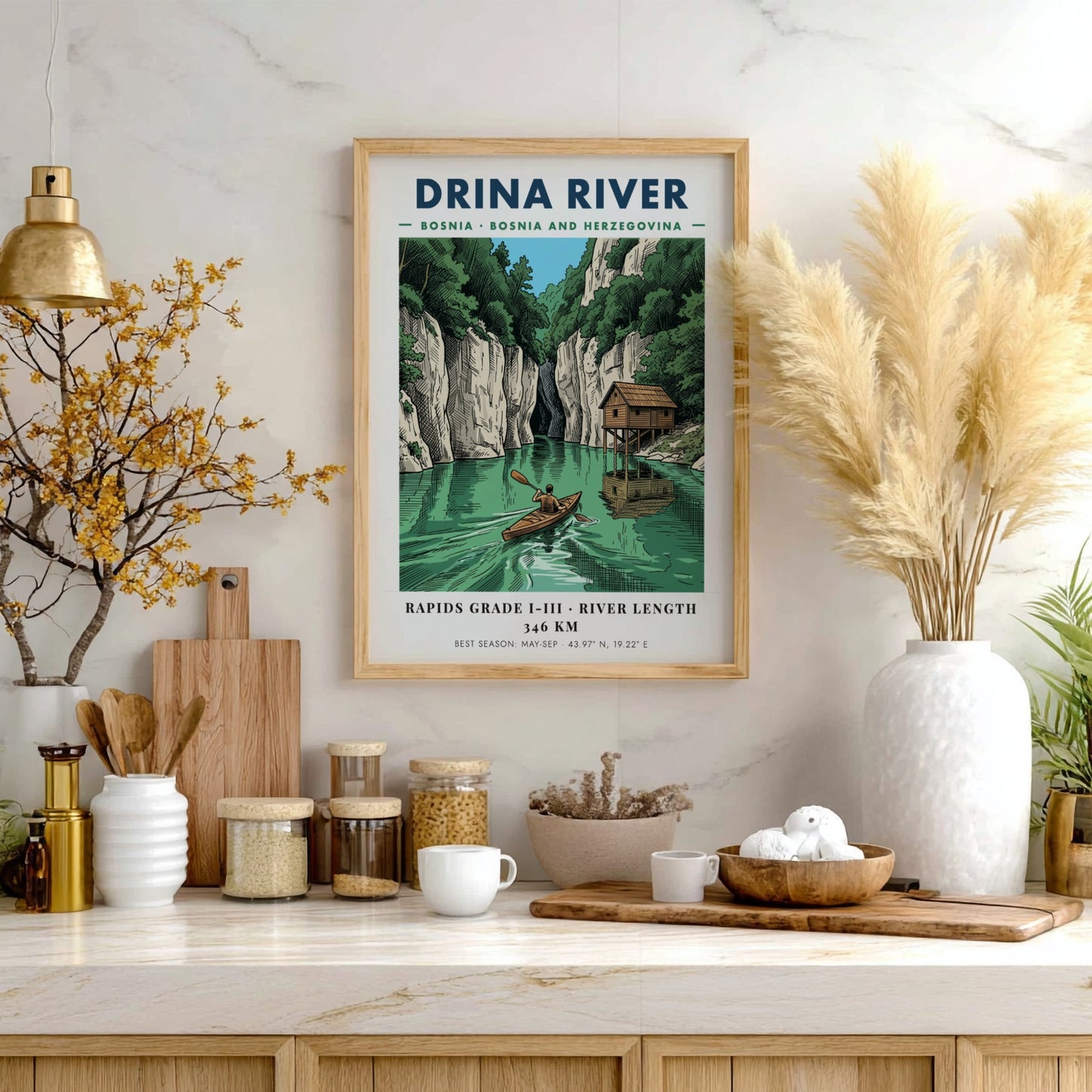 Poster of a lone kayaker paddling on the green Drina River in Bosnia.