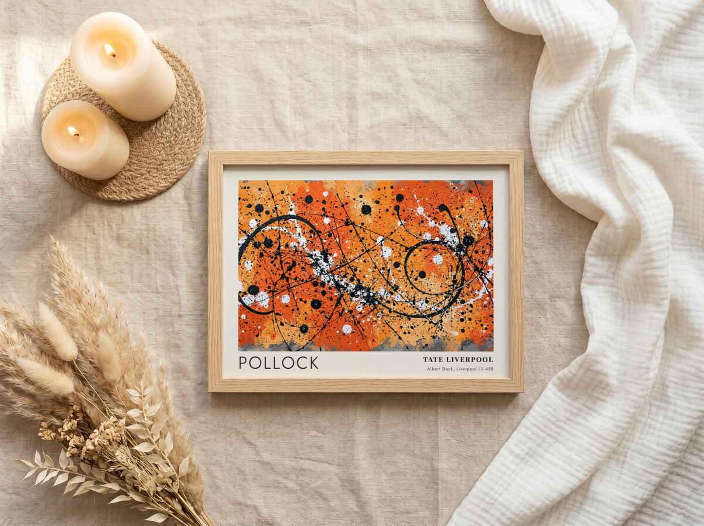 Wall art poster featuring Jackson Pollock Drip artwork with orange, black, and white.