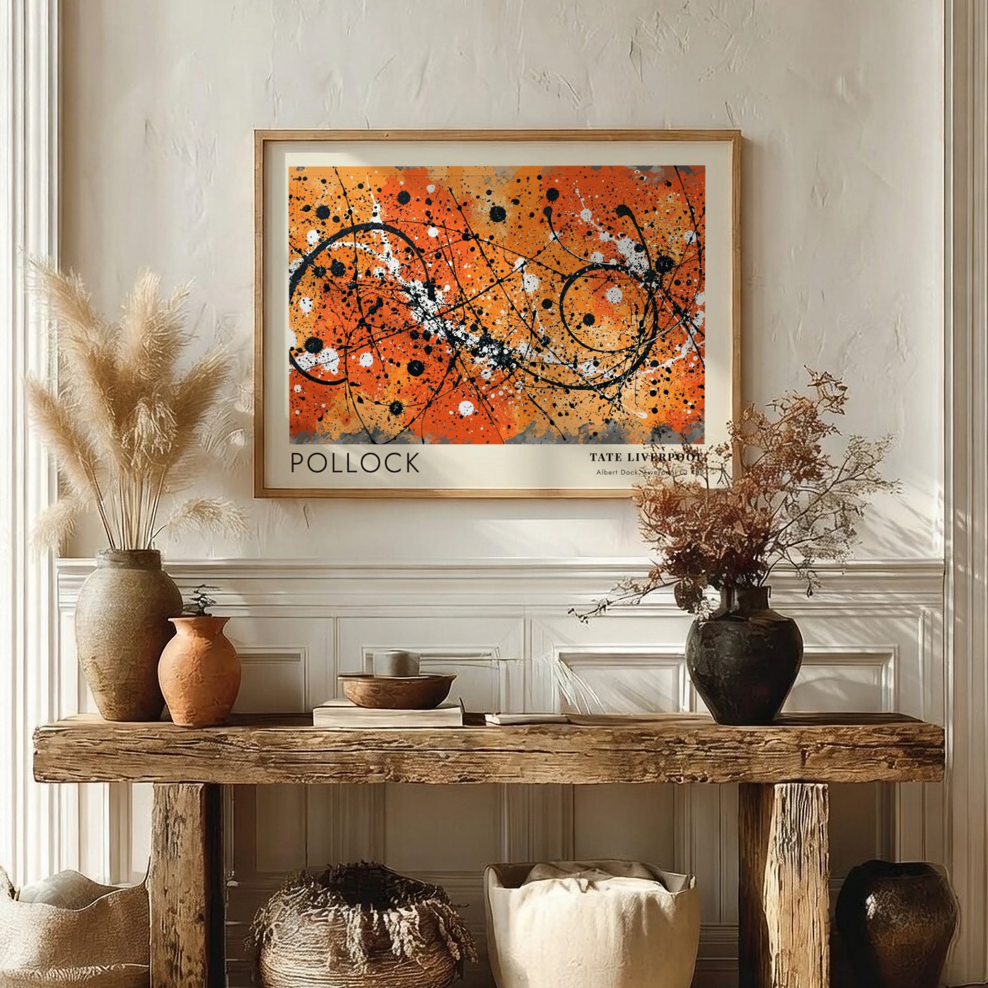 Wall art poster featuring Jackson Pollock Drip artwork with orange, black, and white.