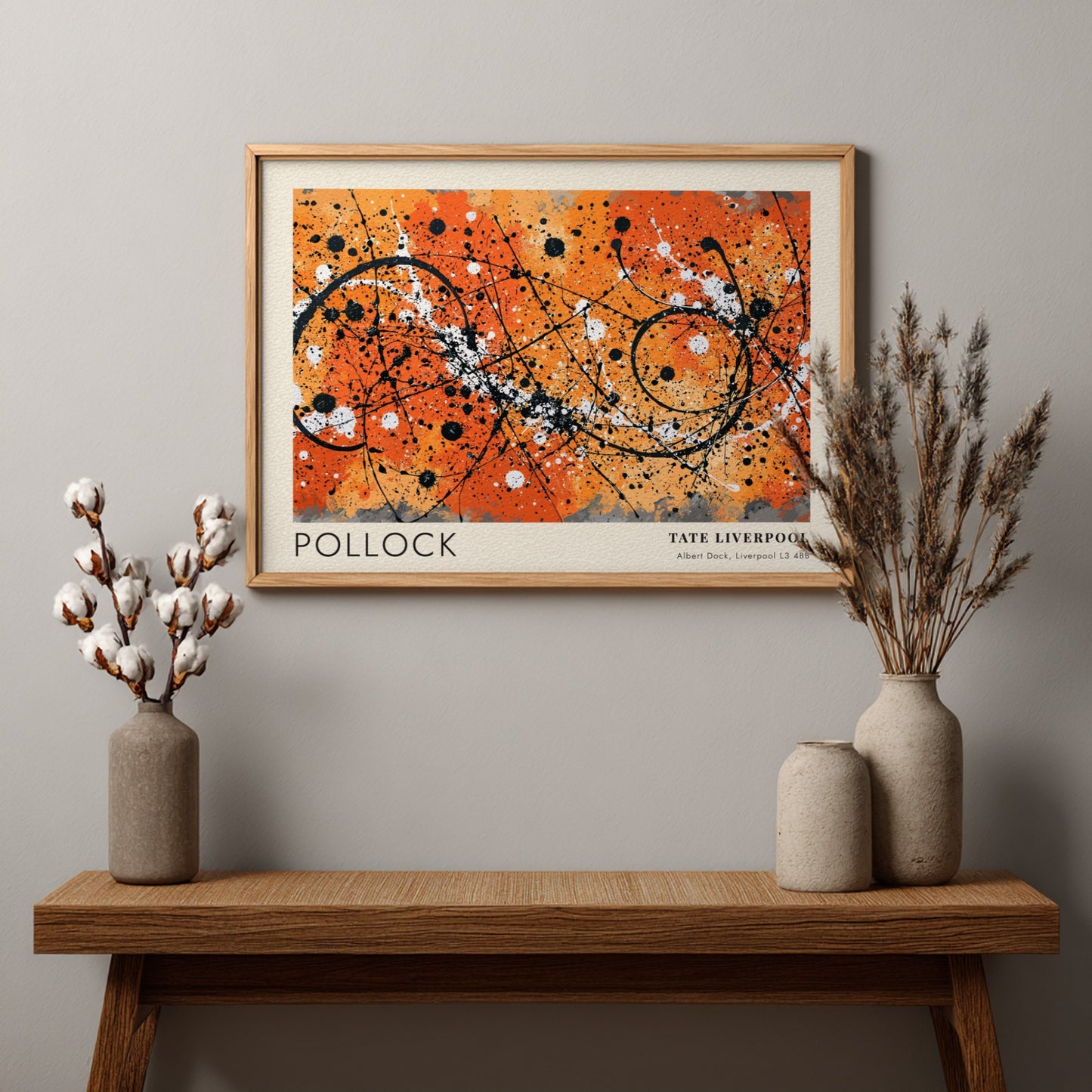 Wall art poster featuring Jackson Pollock Drip artwork with orange, black, and white.