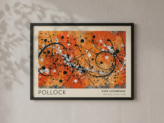 Wall art poster featuring Jackson Pollock Drip artwork with orange, black, and white.