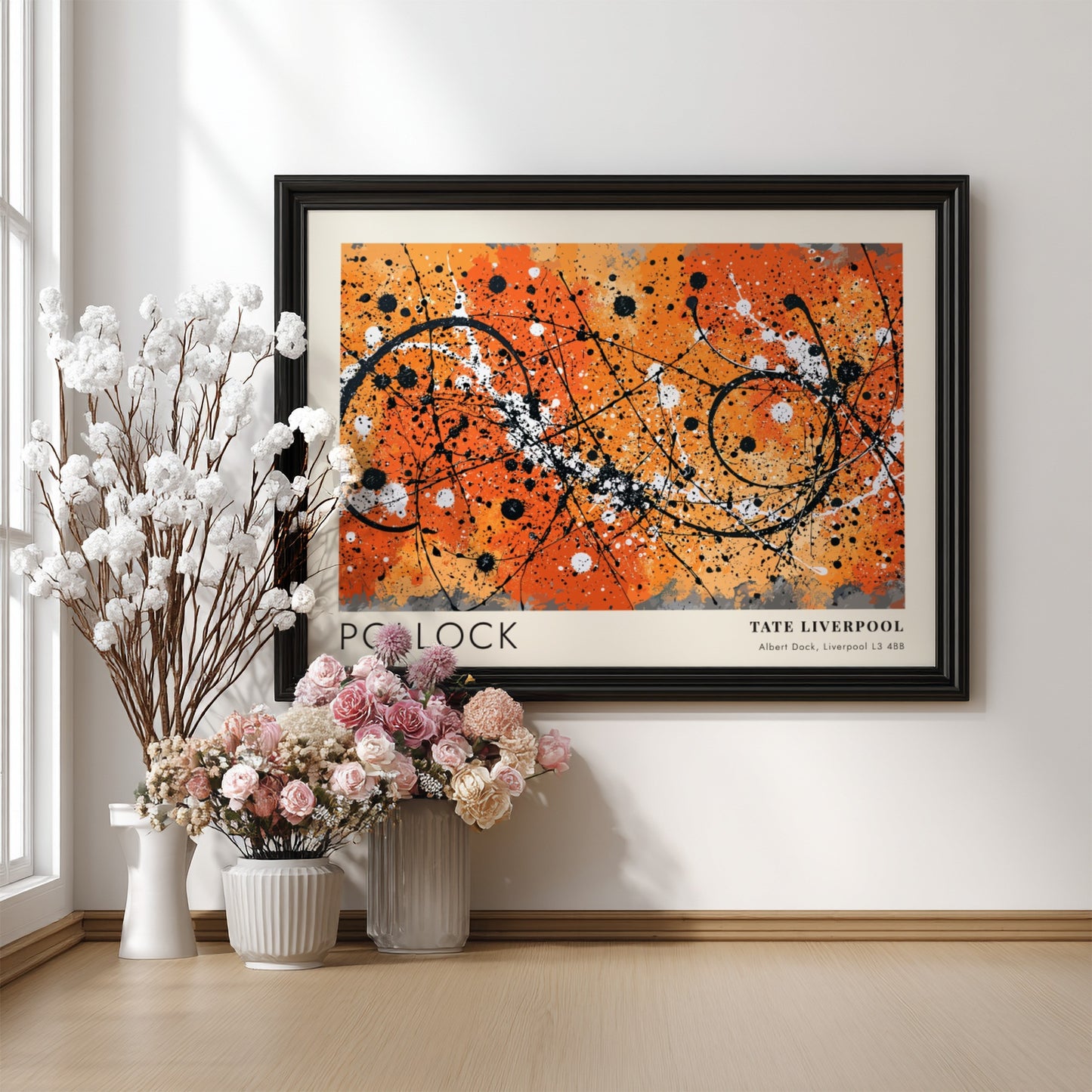 Wall art poster featuring Jackson Pollock Drip artwork with orange, black, and white.