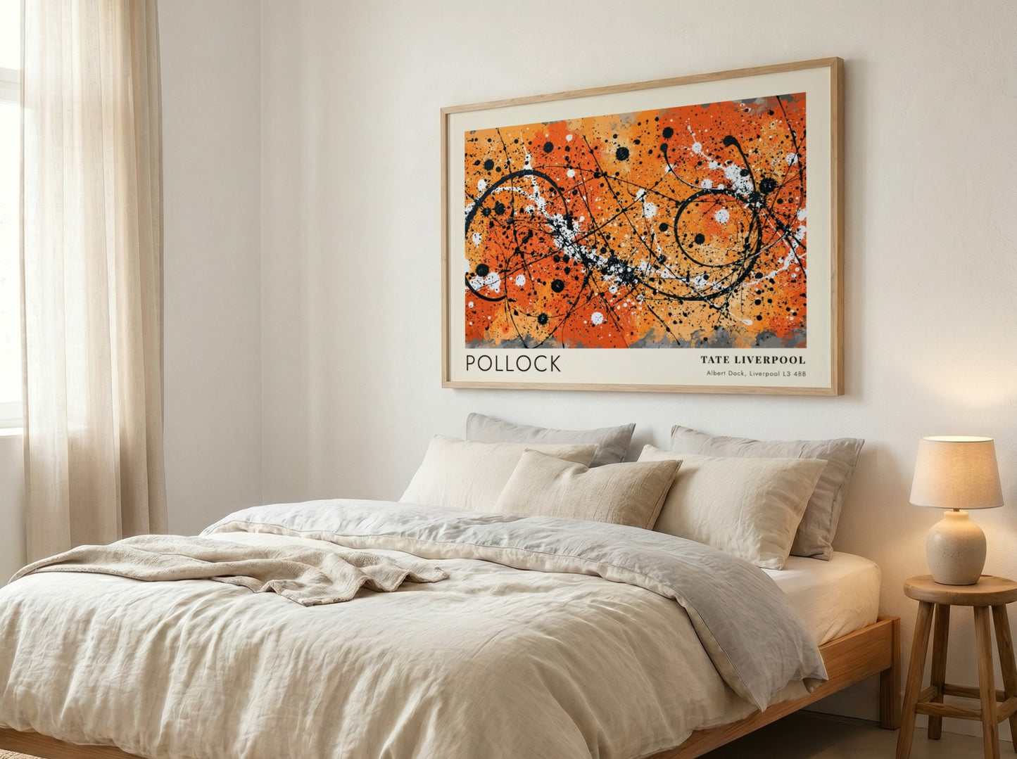 Wall art poster featuring Jackson Pollock Drip artwork with orange, black, and white.