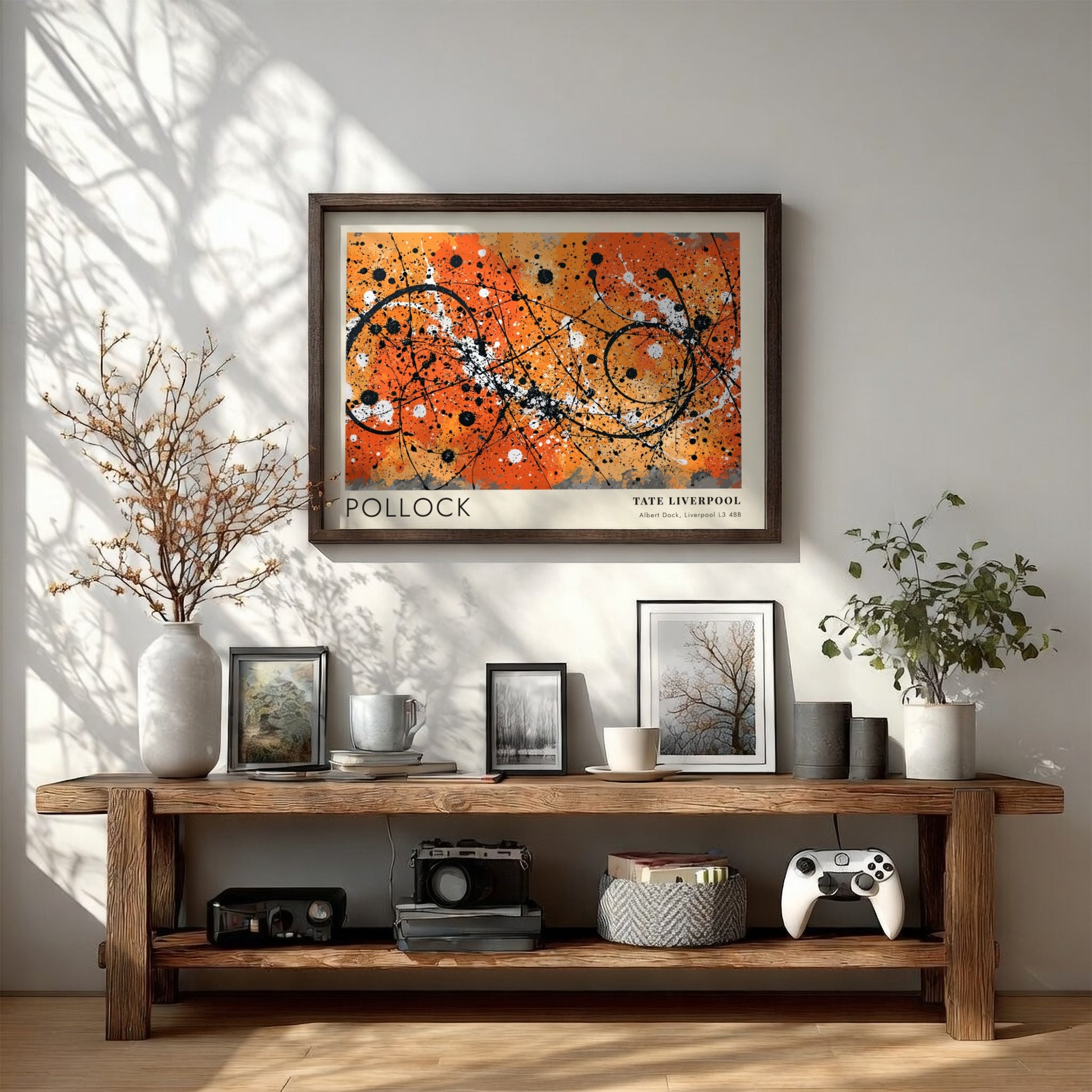 Wall art poster featuring Jackson Pollock Drip artwork with orange, black, and white.