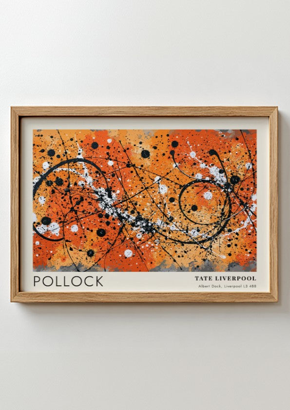 Wall art poster featuring Jackson Pollock Drip artwork with orange, black, and white.