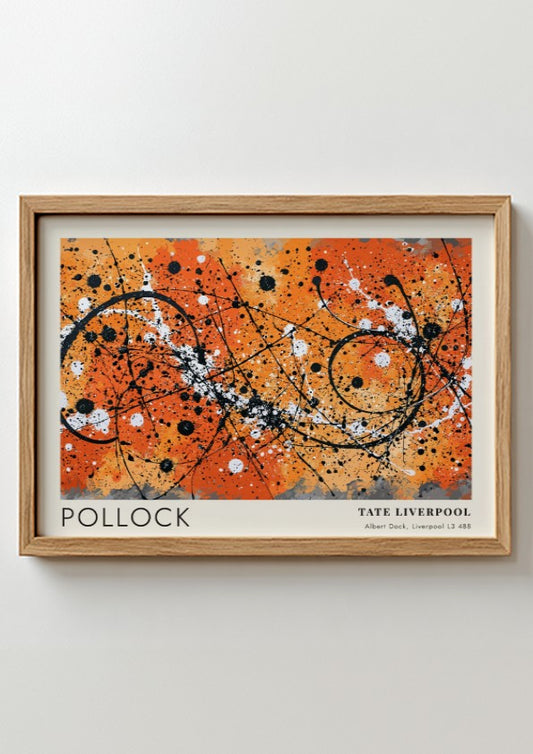 Wall art poster featuring Jackson Pollock Drip artwork with orange, black, and white.