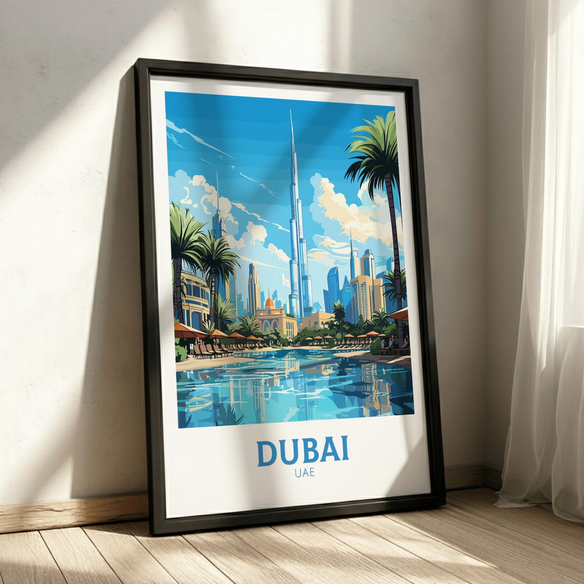 Framed poster of Dubai with skyline and pool on a white wall.