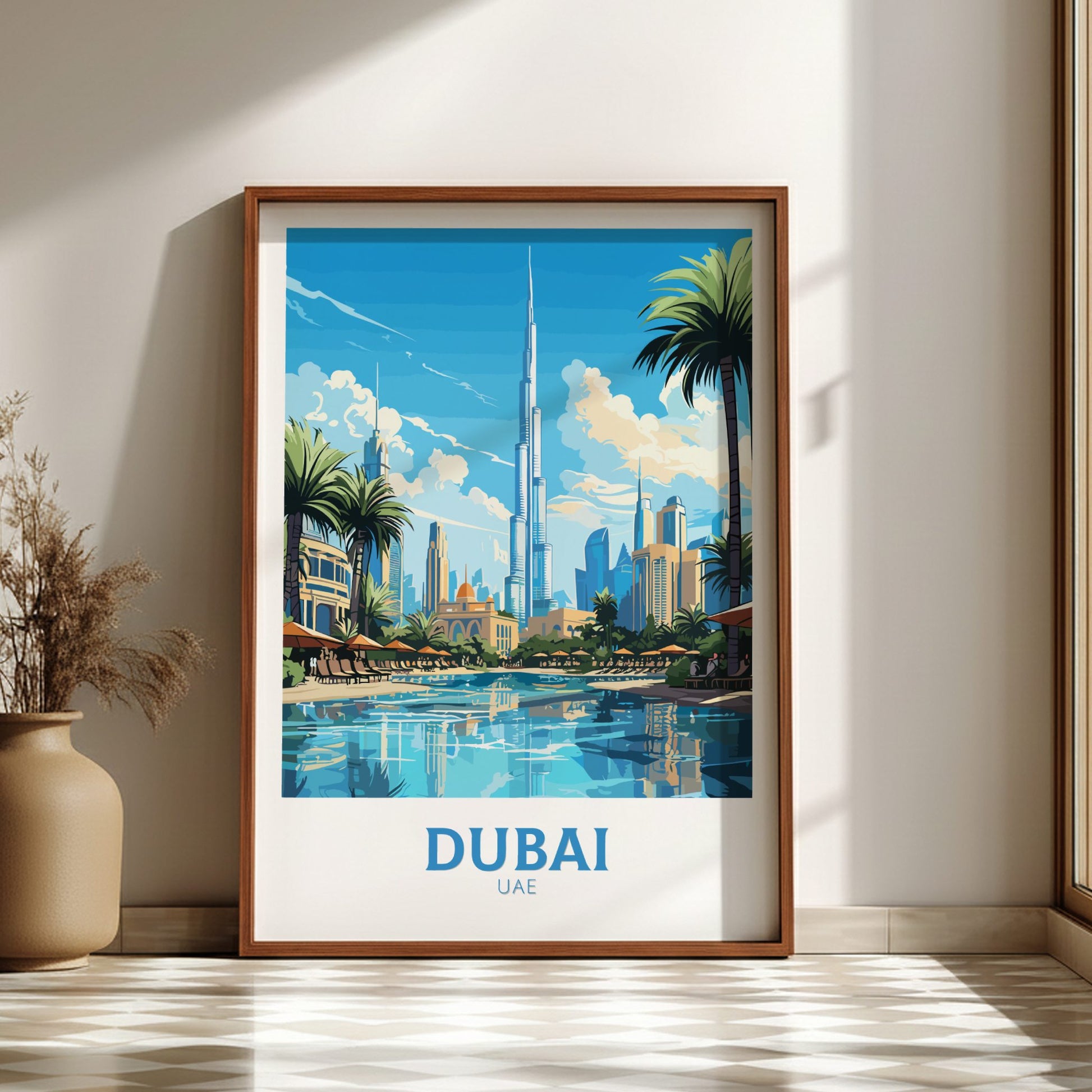 Framed poster of Dubai skyline with Burj Khalifa and palm trees, placed on a light wooden floor.