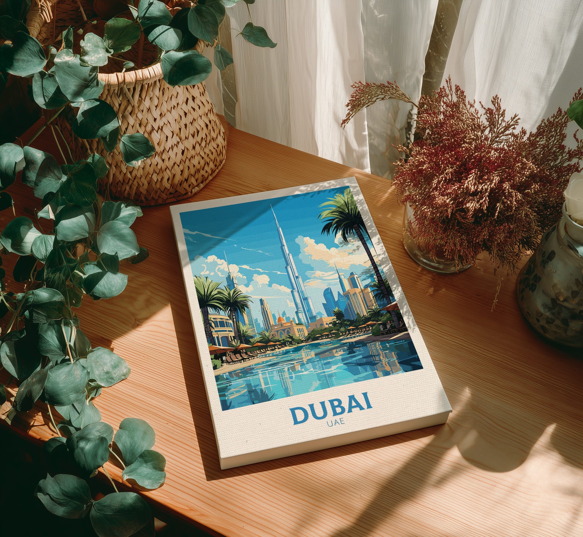 Canvas with a Dubai illustration on a wooden table with plants