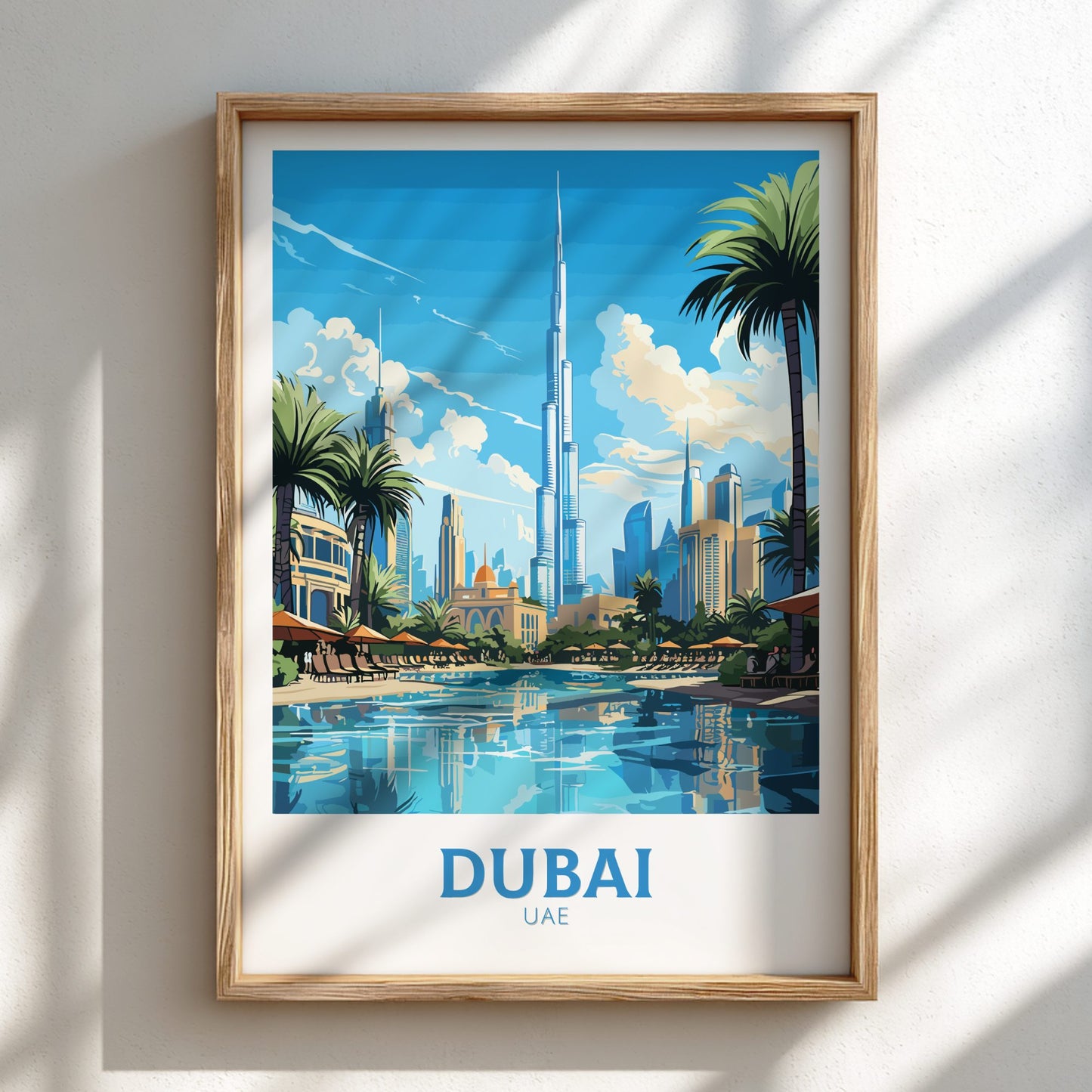 Framed poster of Dubai with Burj Khalifa and palm trees on a white wall.