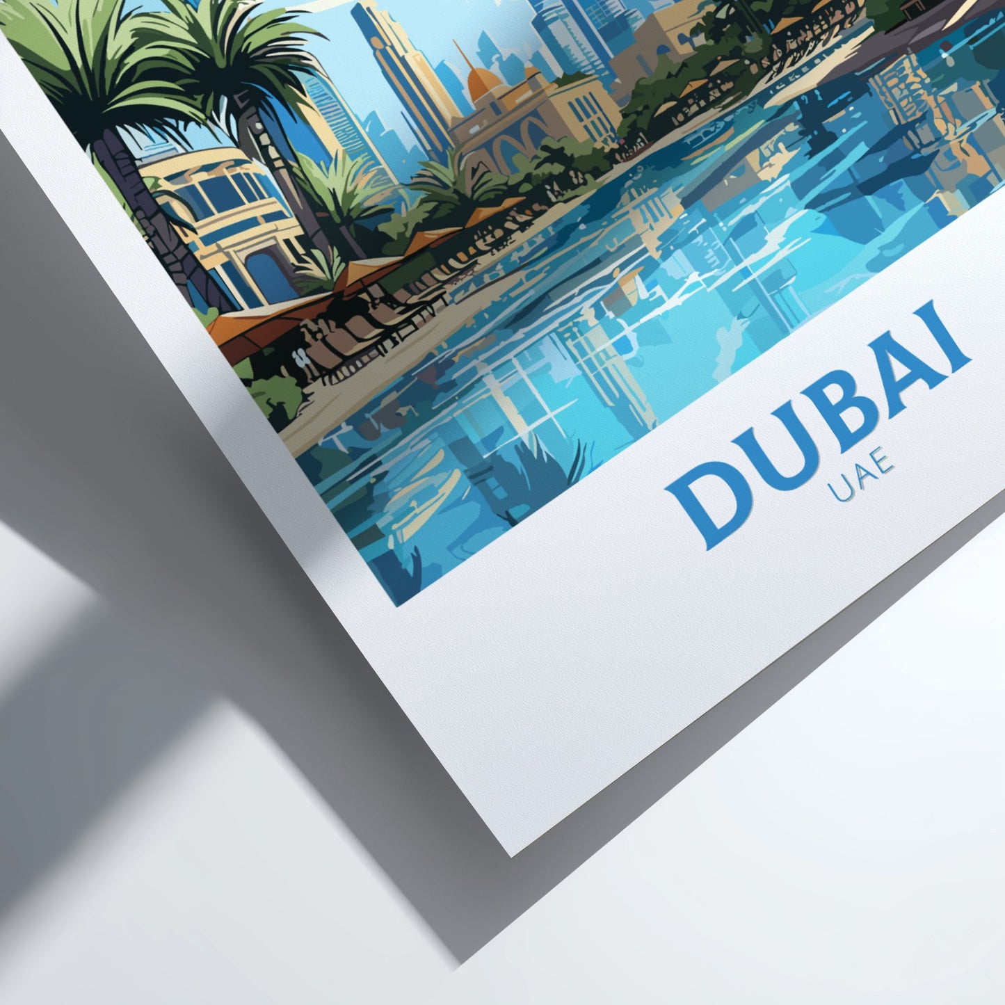 Framed artwork of Dubai with palm trees and cityscape on a white background