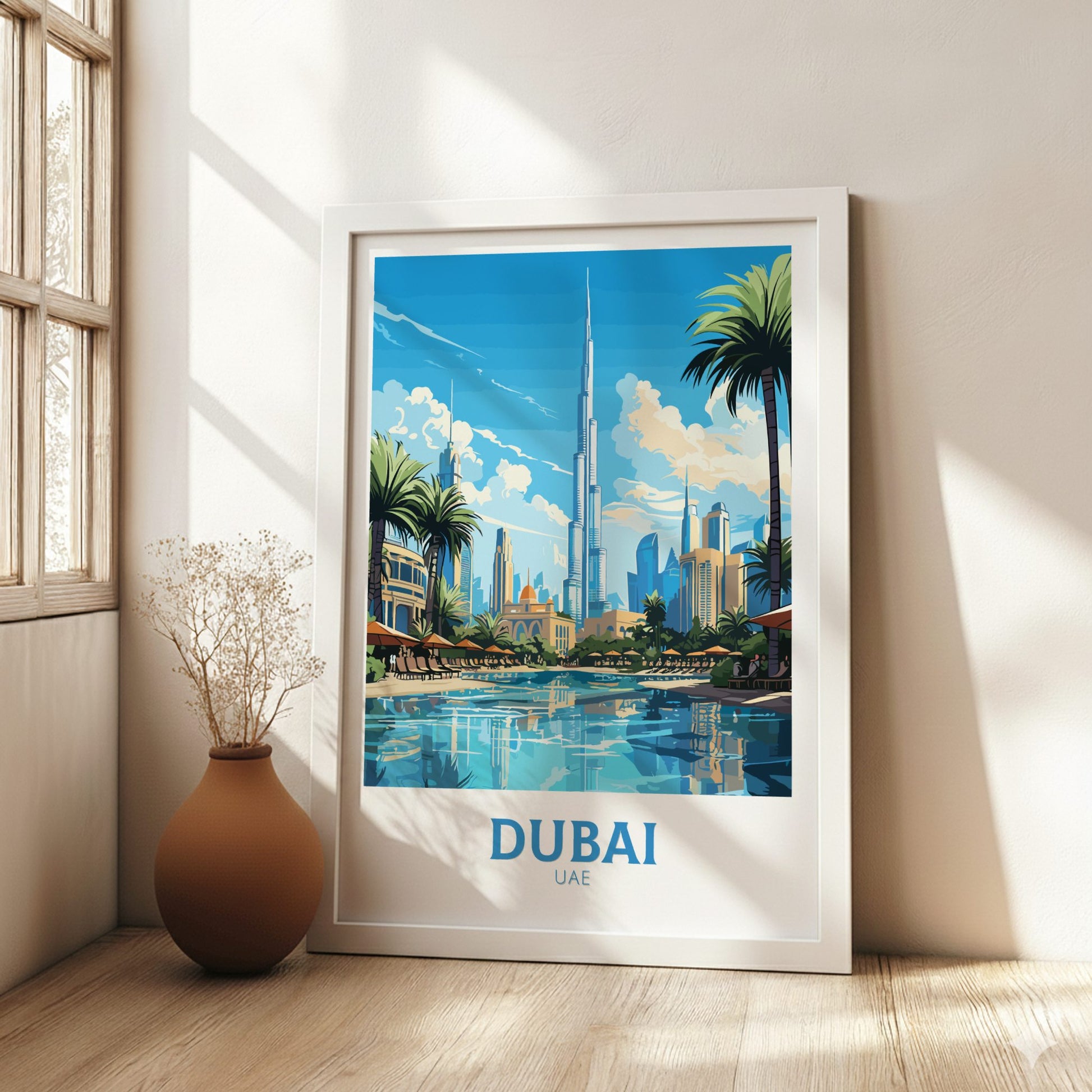 Framed poster of Dubai with palm trees and skyline, placed on a wooden floor with a vase.