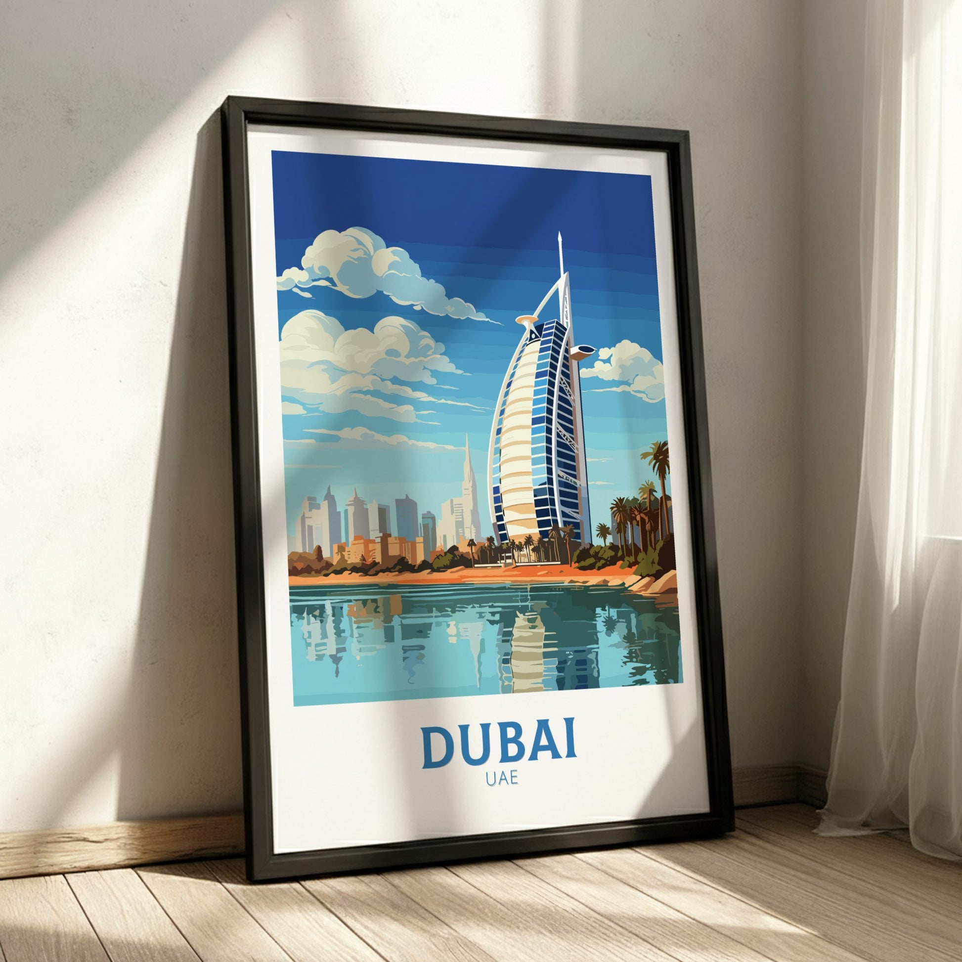 Framed poster of Dubai with Burj Al Arab in a room with sunlight filtering through curtains.