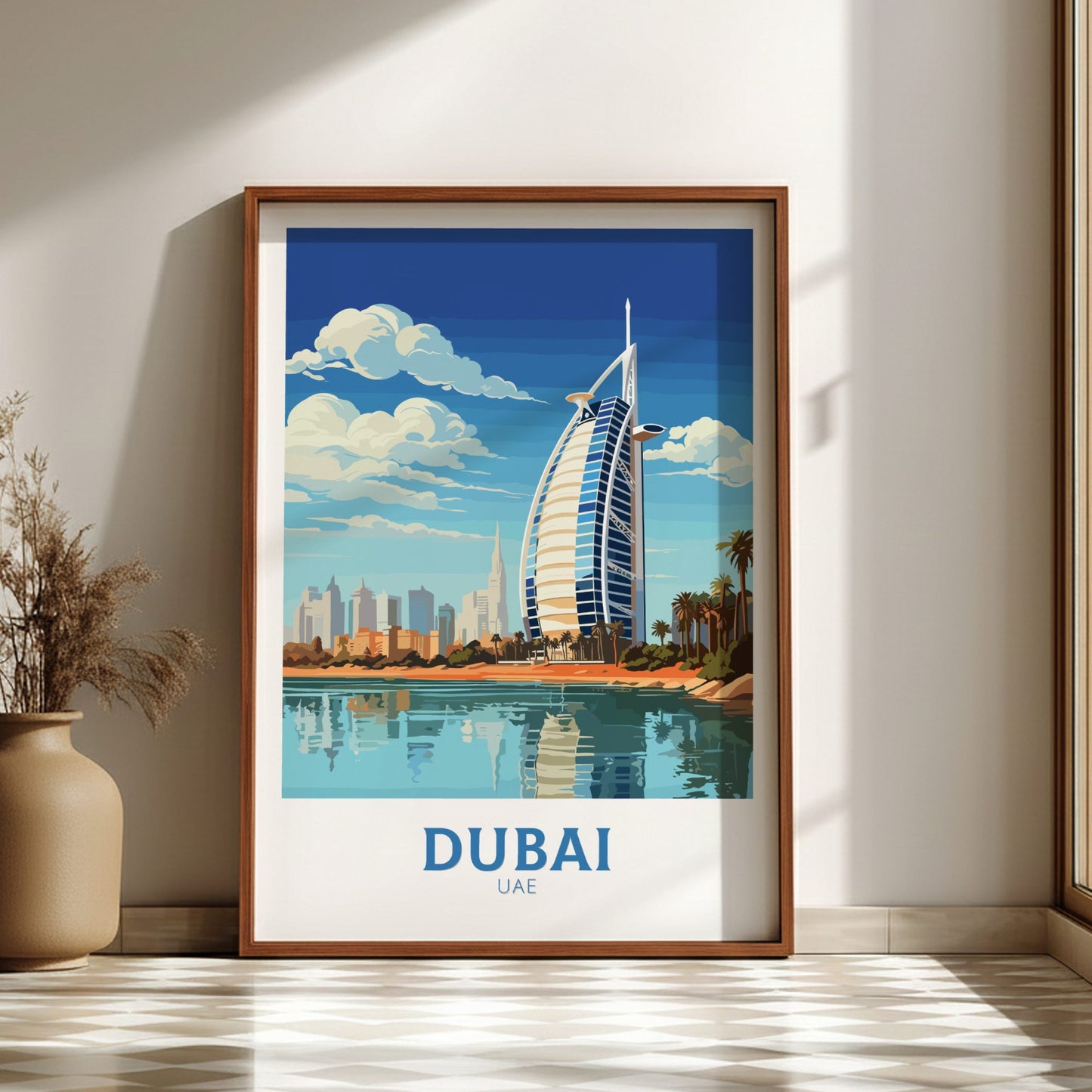 Framed poster of Dubai with Burj Al Arab in a room setting